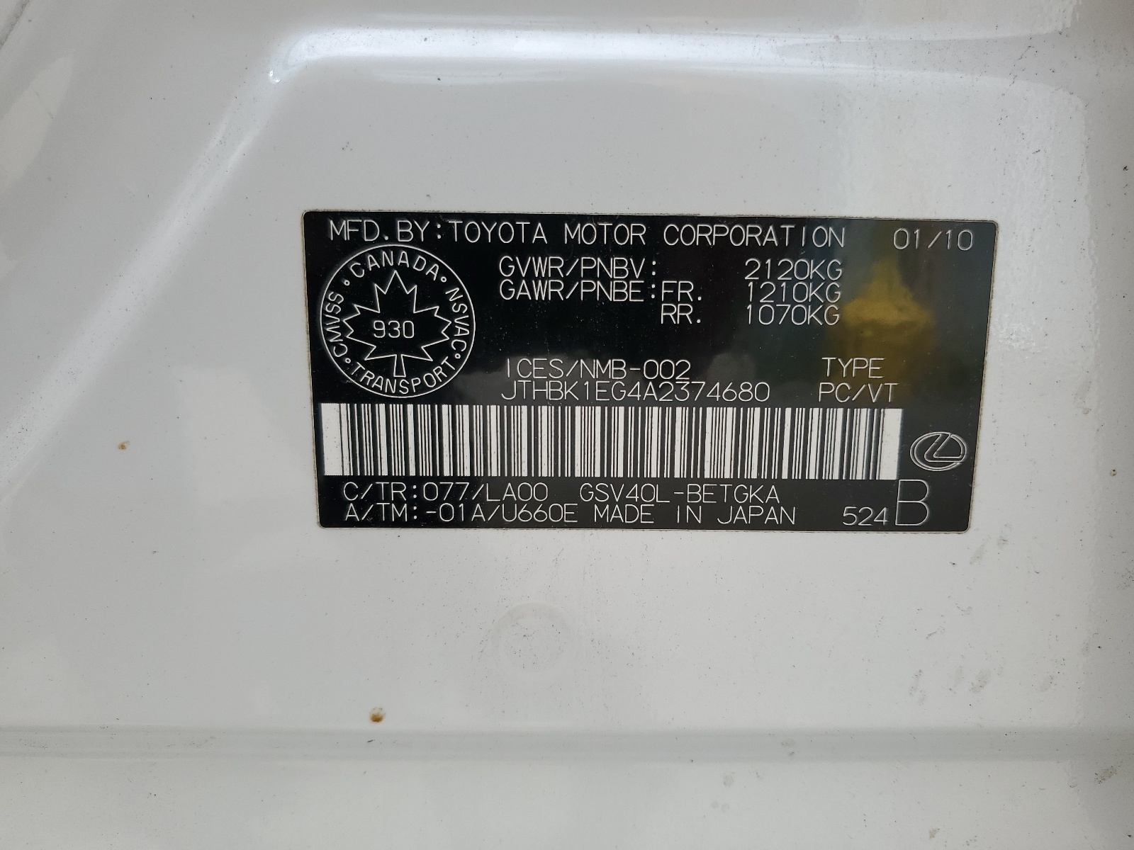 JTHBK1EG4A2374680 2010 Lexus Es 350