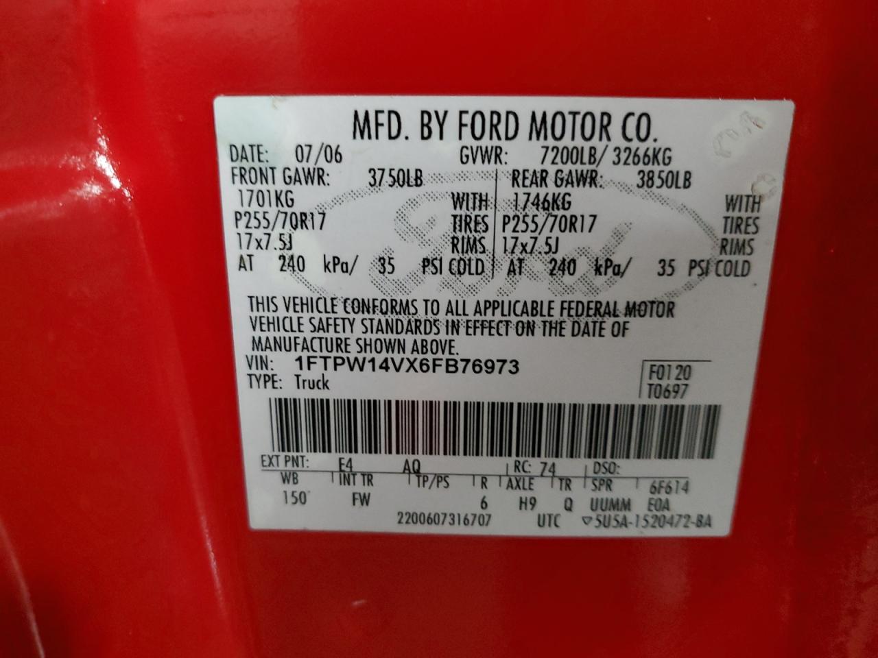 2006 Ford F150 Supercrew VIN: 1FTPW14VX6FB76973 Lot: 61013744