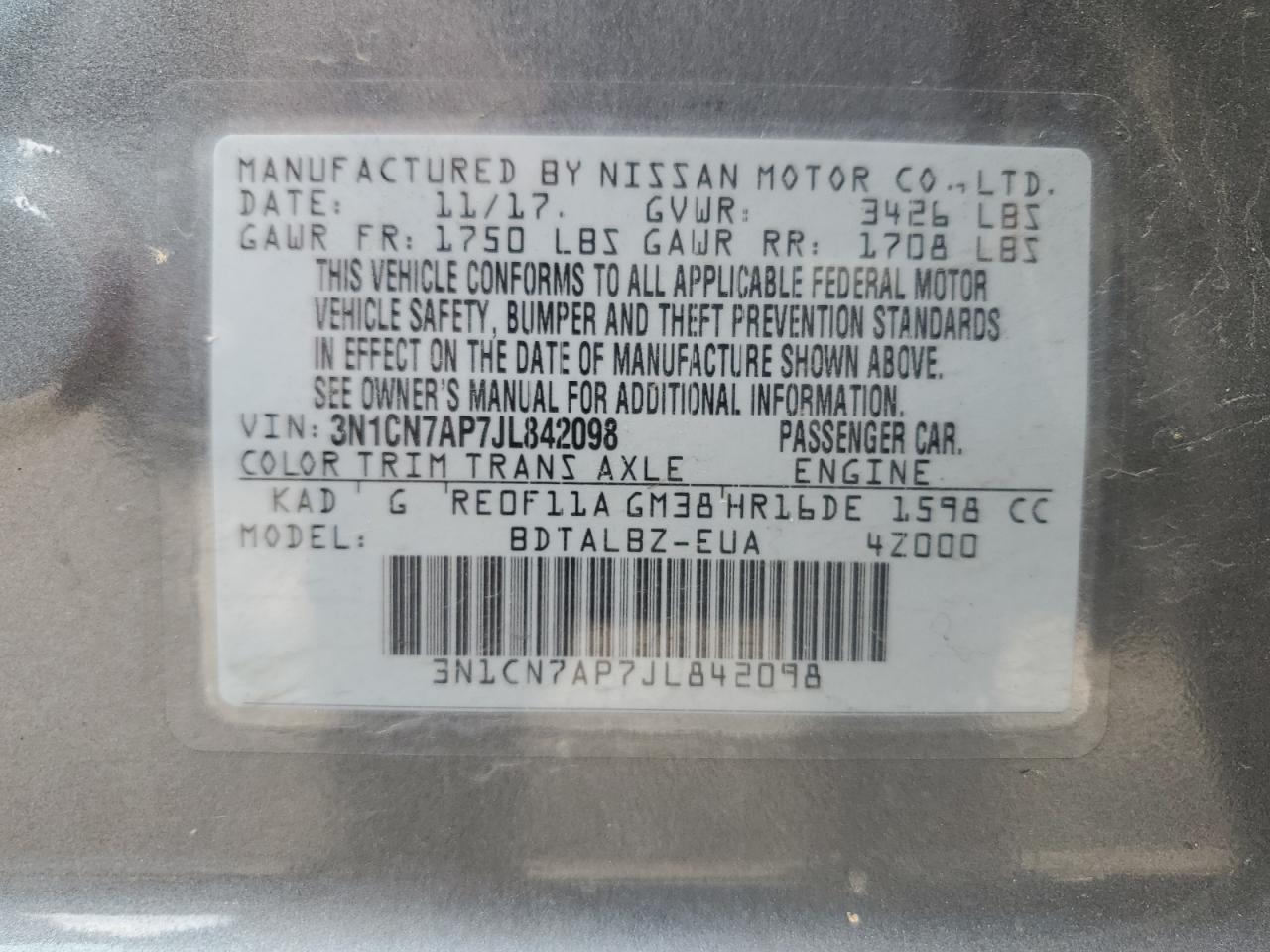 2018 Nissan Versa S VIN: 3N1CN7AP7JL842098 Lot: 58845764