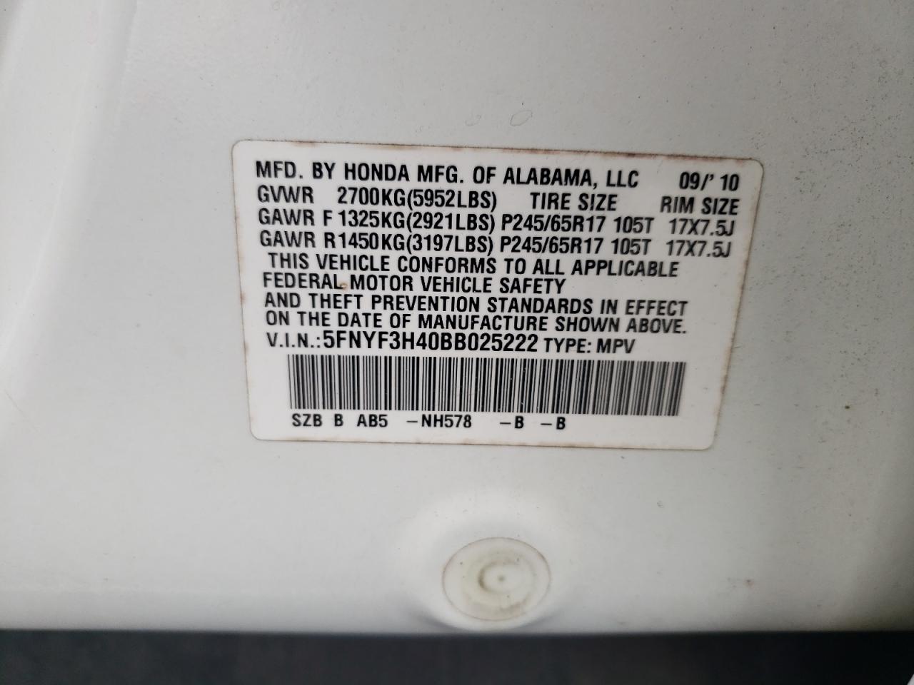 2011 Honda Pilot Ex VIN: 5FNYF3H40BB025222 Lot: 60730174