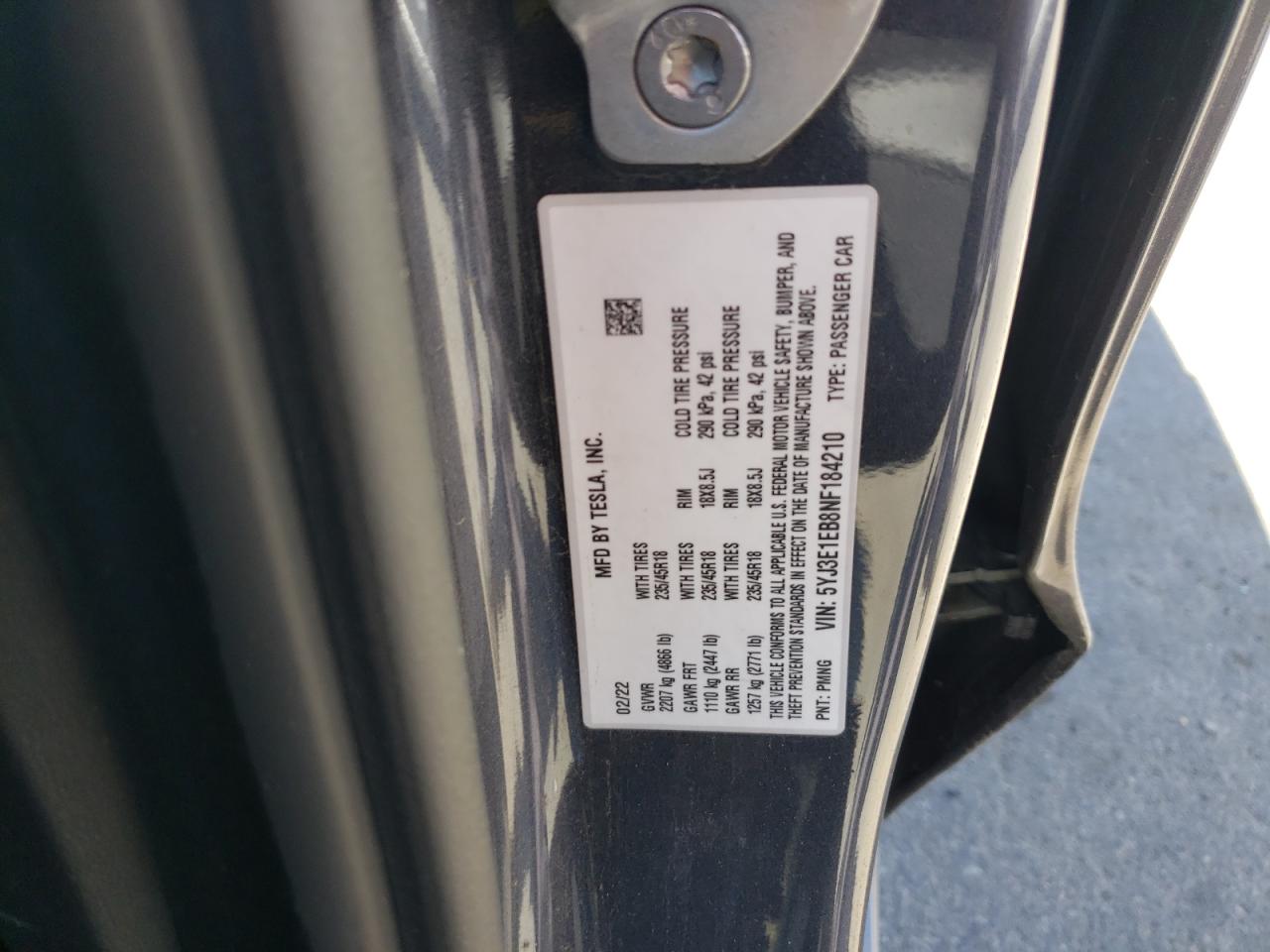 5YJ3E1EB8NF184210 2022 Tesla Model 3