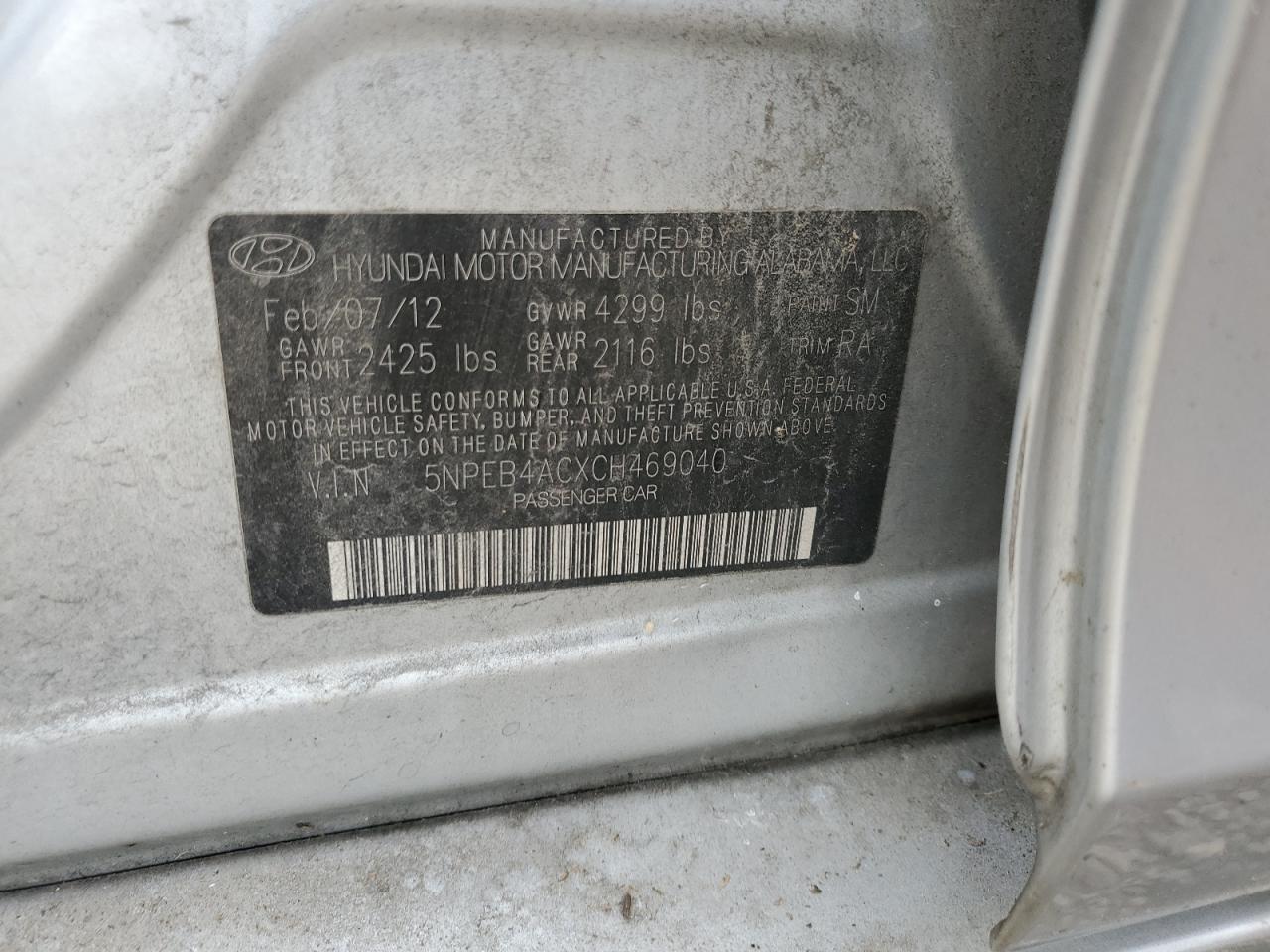 2012 Hyundai Sonata Gls VIN: 5NPEB4ACXCH469040 Lot: 54800314