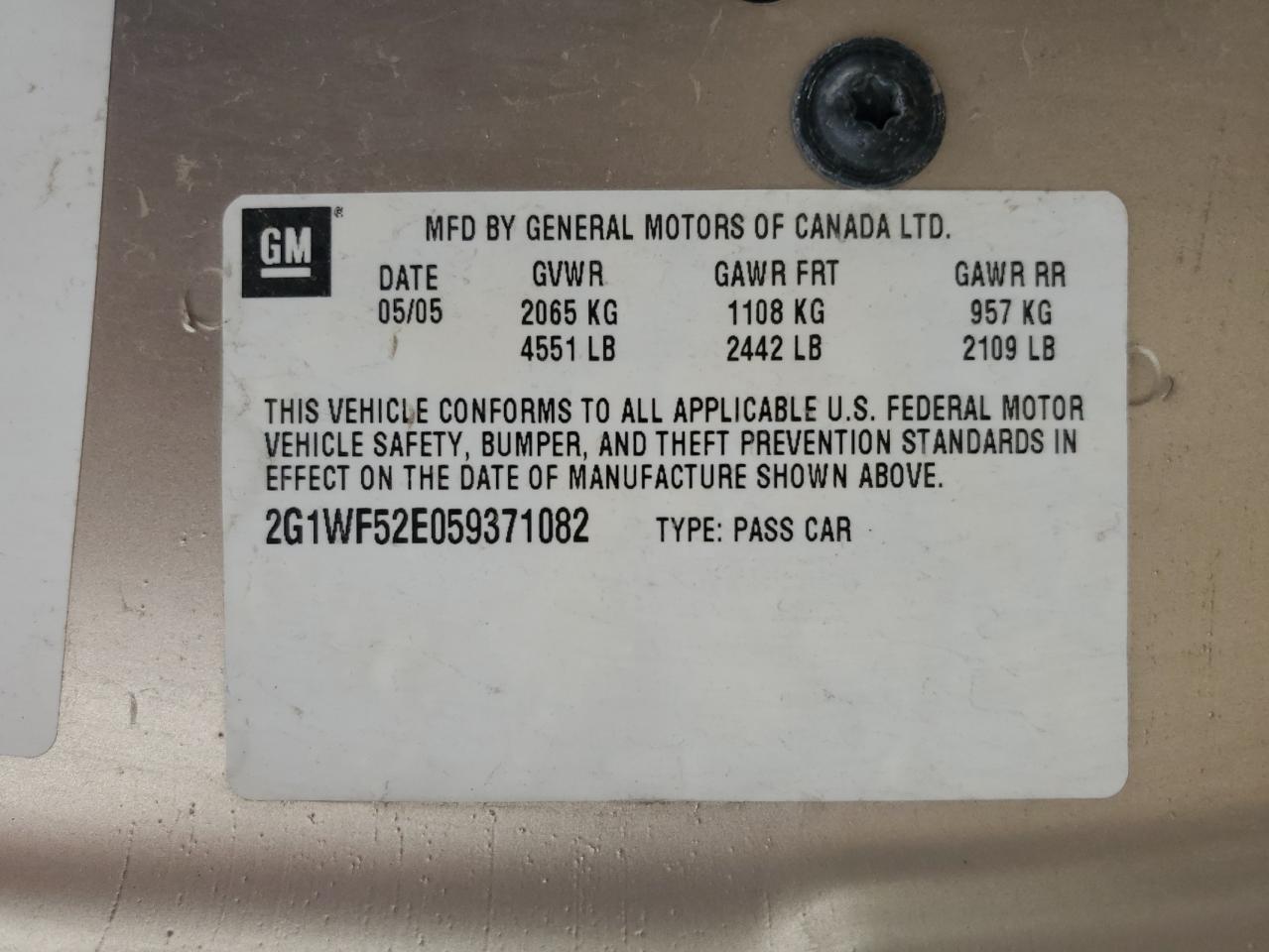 2005 Chevrolet Impala VIN: 2G1WF52E059371082 Lot: 57462204