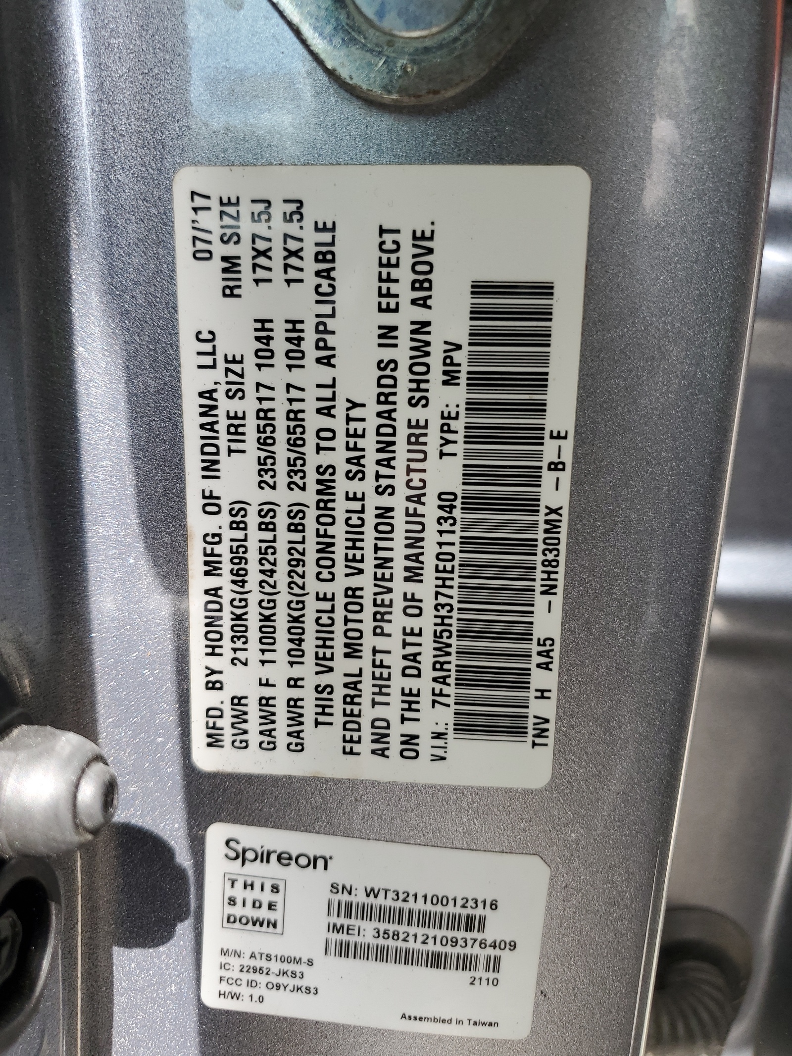 7FARW5H37HE011340 2017 Honda Cr-V Lx