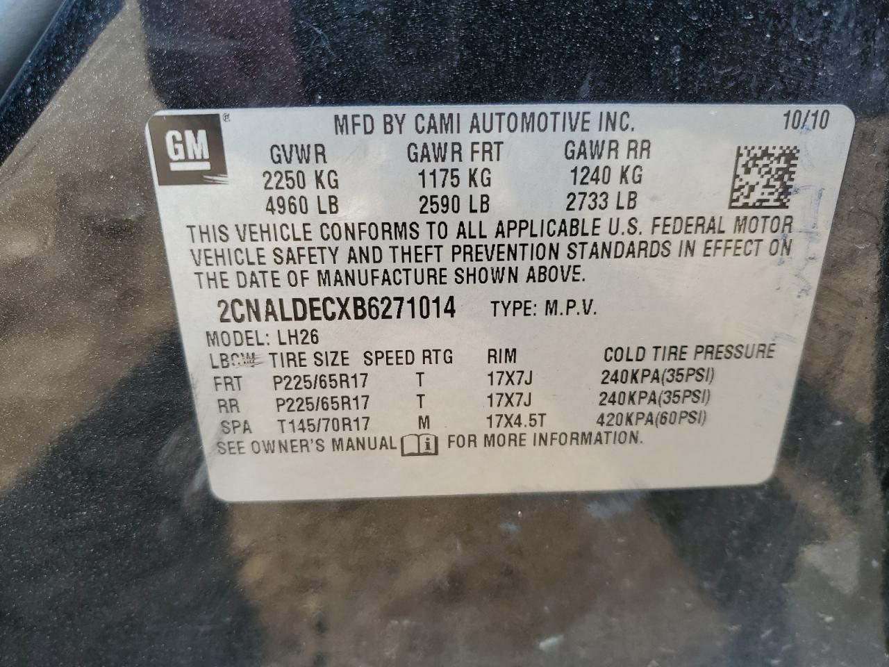 2CNALDECXB6271014 2011 Chevrolet Equinox Lt