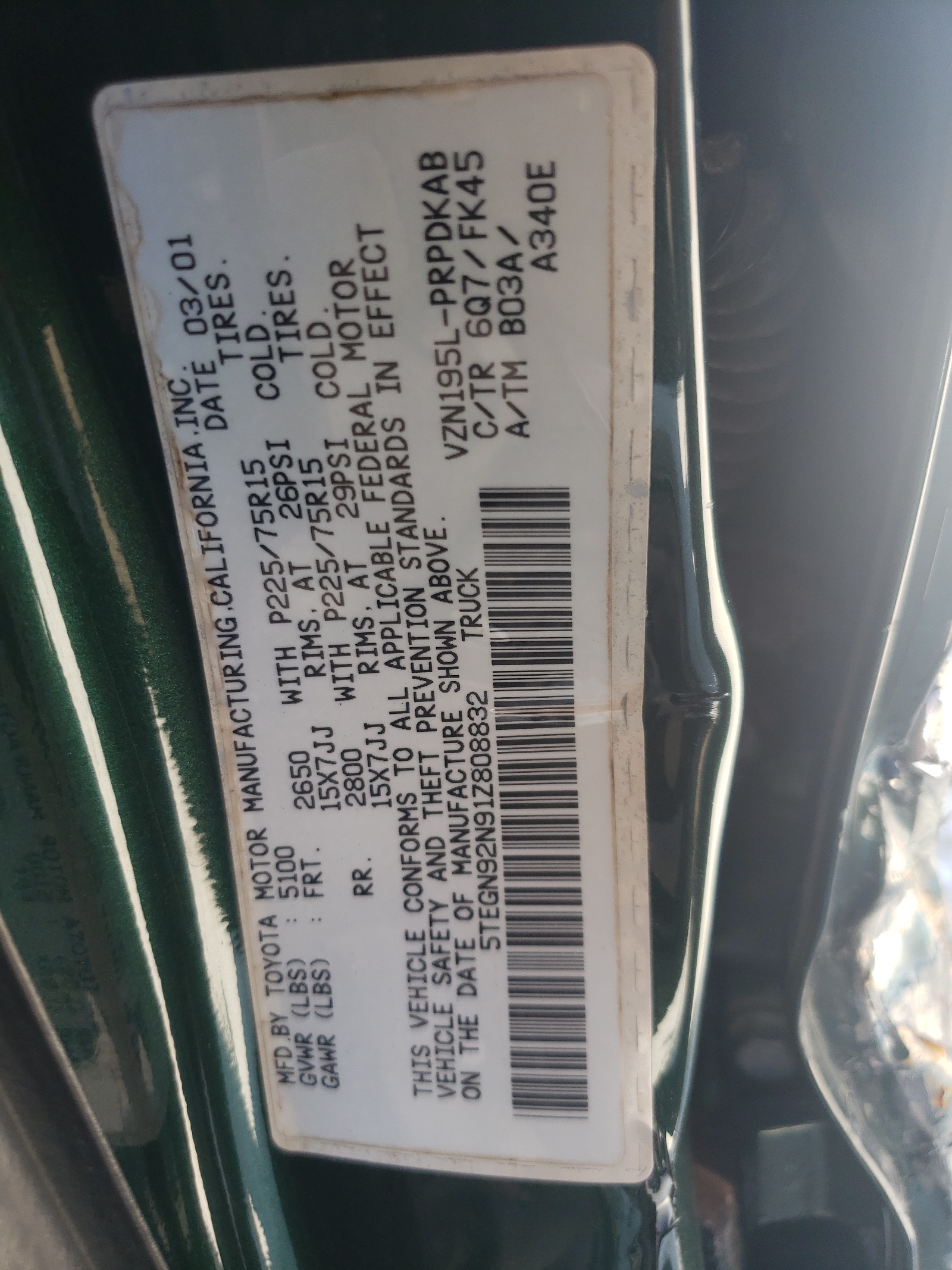 5TEGN92N91Z808832 2001 Toyota Tacoma Double Cab Prerunner