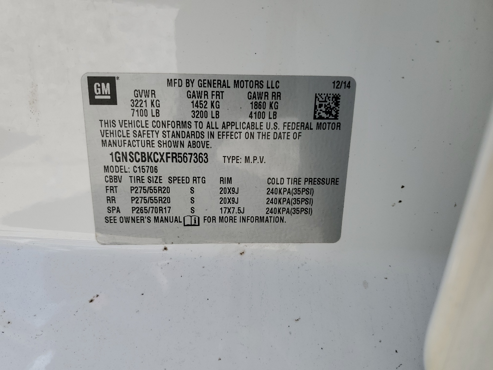 1GNSCBKCXFR567363 2015 Chevrolet Tahoe C1500 Lt