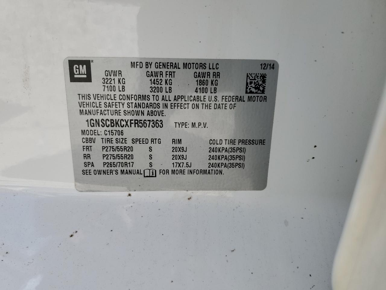 2015 Chevrolet Tahoe C1500 Lt VIN: 1GNSCBKCXFR567363 Lot: 59868544