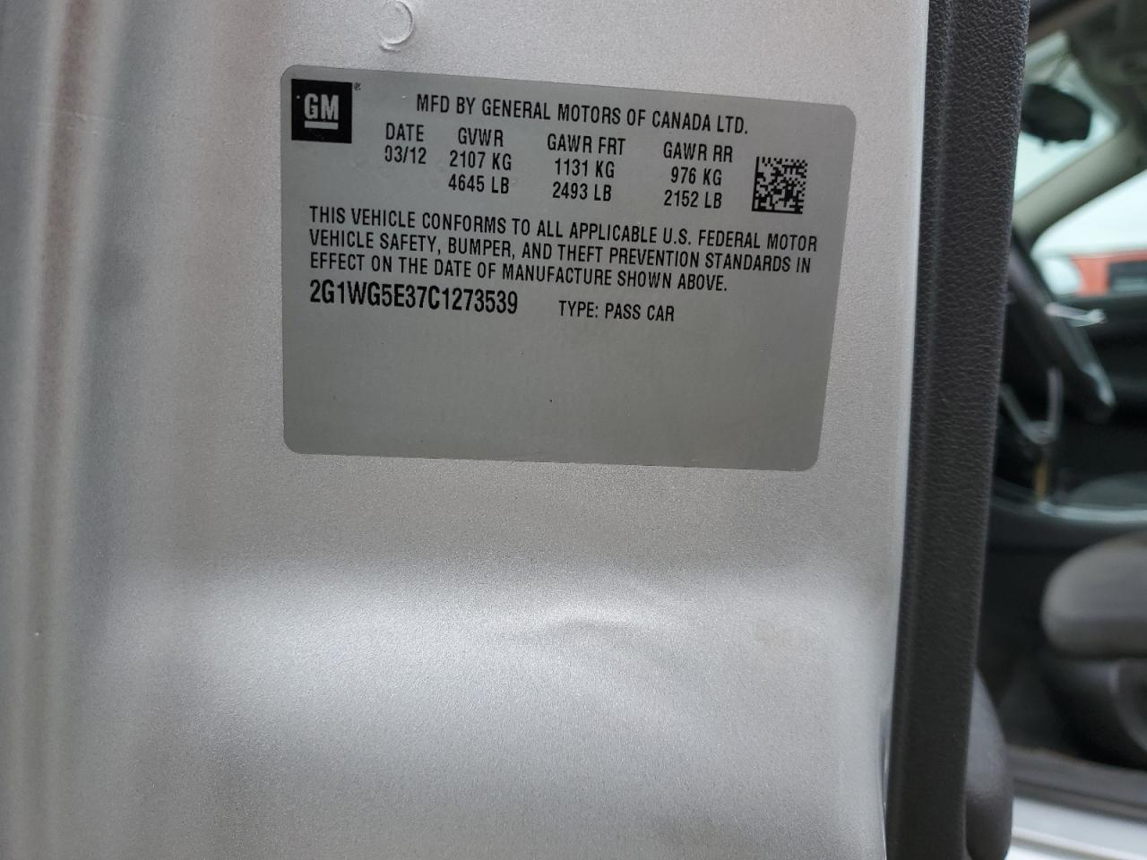 2012 Chevrolet Impala Lt VIN: 2G1WG5E37C1273539 Lot: 59590114