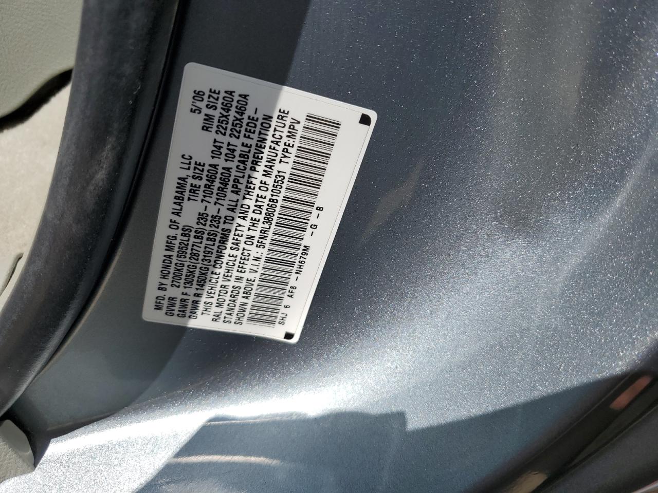 2006 Honda Odyssey Touring VIN: 5FNRL38806B105531 Lot: 58261904