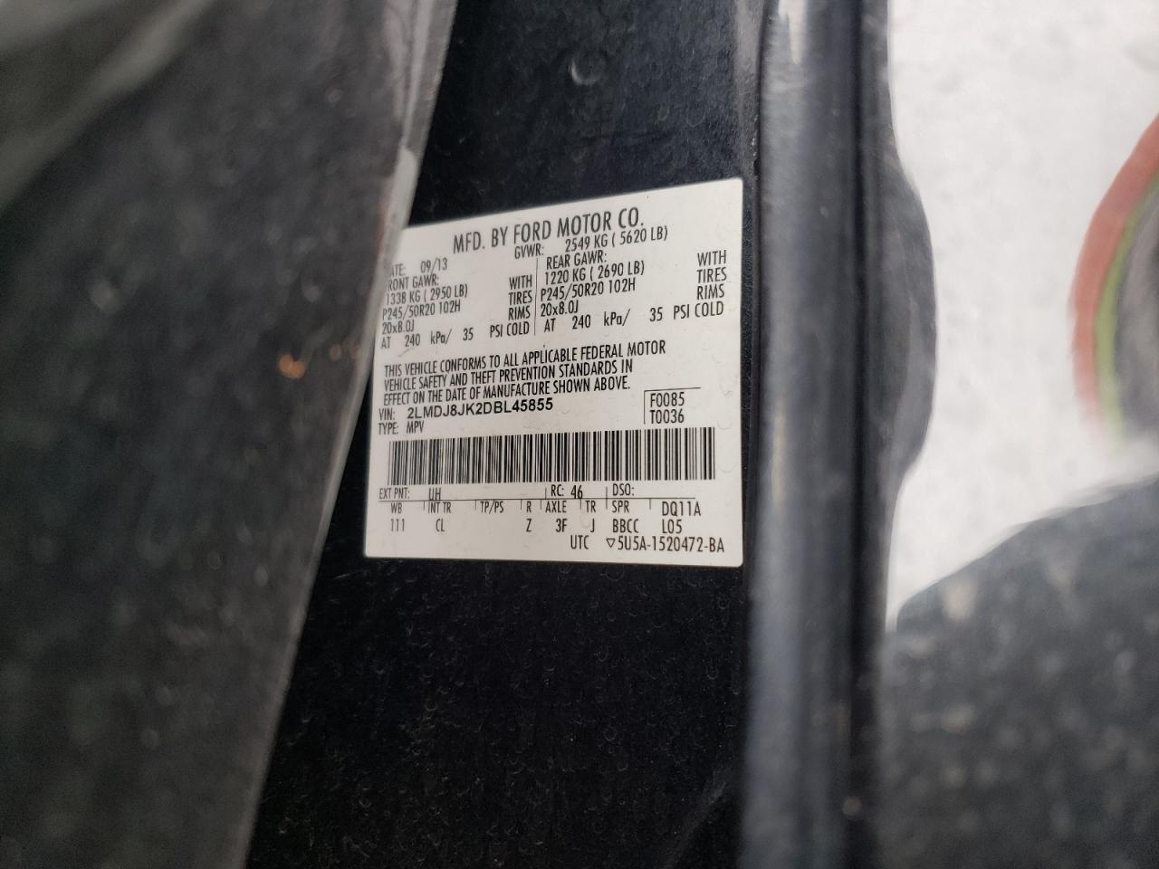 2013 Lincoln Mkx VIN: 2LMDJ8JK2DBL45855 Lot: 60682464