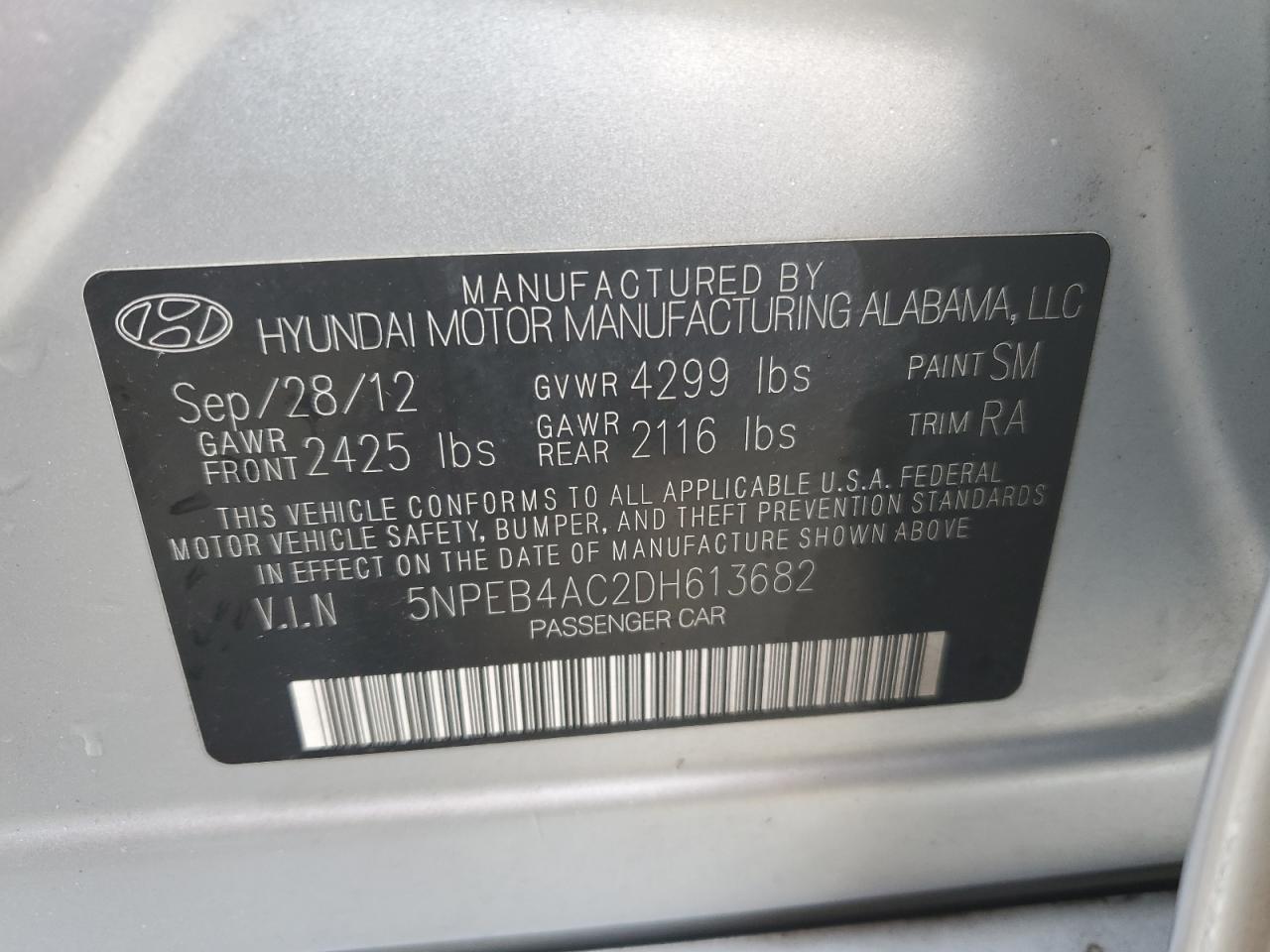 2013 Hyundai Sonata Gls VIN: 5NPEB4AC2DH613682 Lot: 61269244