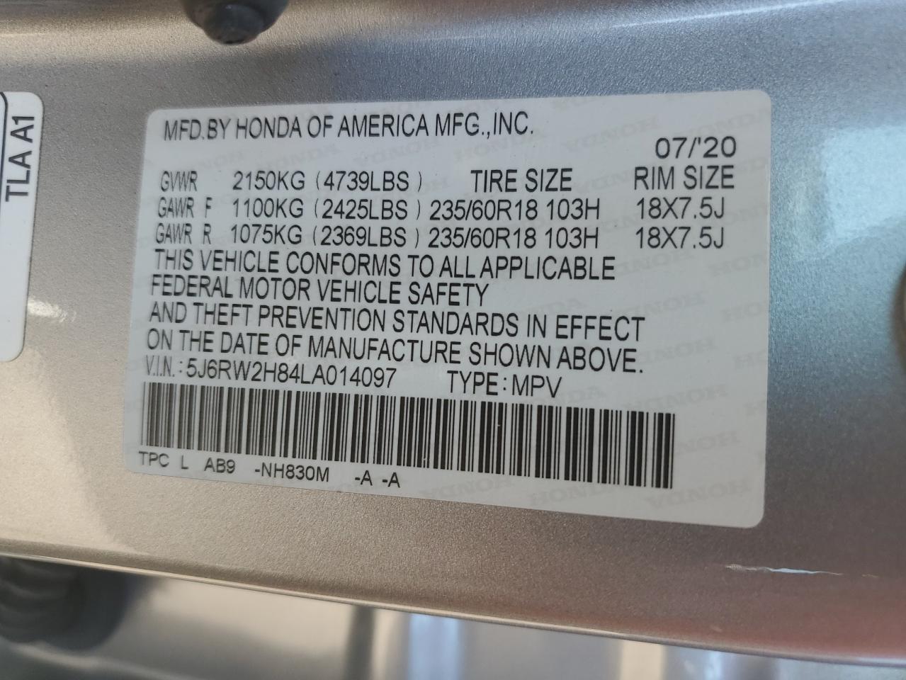 2020 Honda Cr-V Exl VIN: 5J6RW2H84LA014097 Lot: 58855974