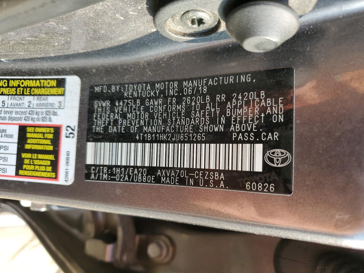 4T1B11HK2JU651265 2018 TOYOTA CAMRY - Image 12