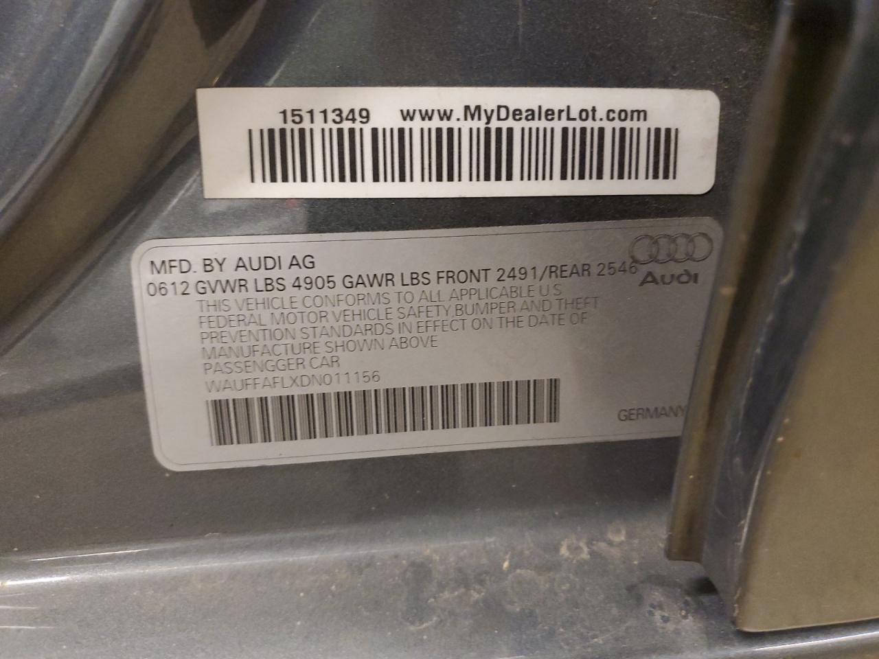 2013 Audi A4 Premium Plus VIN: WAUFFAFLXDN011156 Lot: 59079604