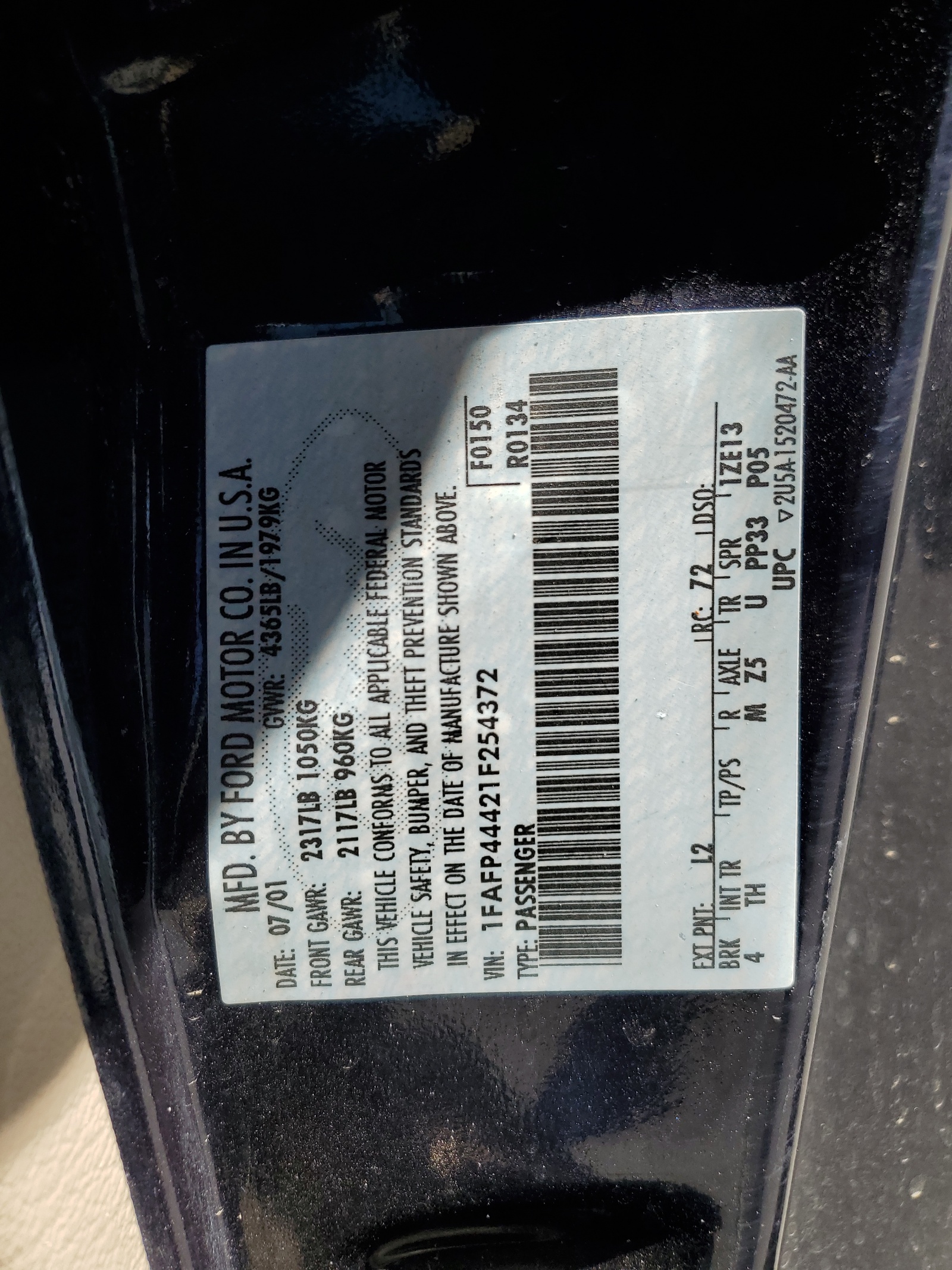 1FAFP44421F254372 2001 Ford Mustang