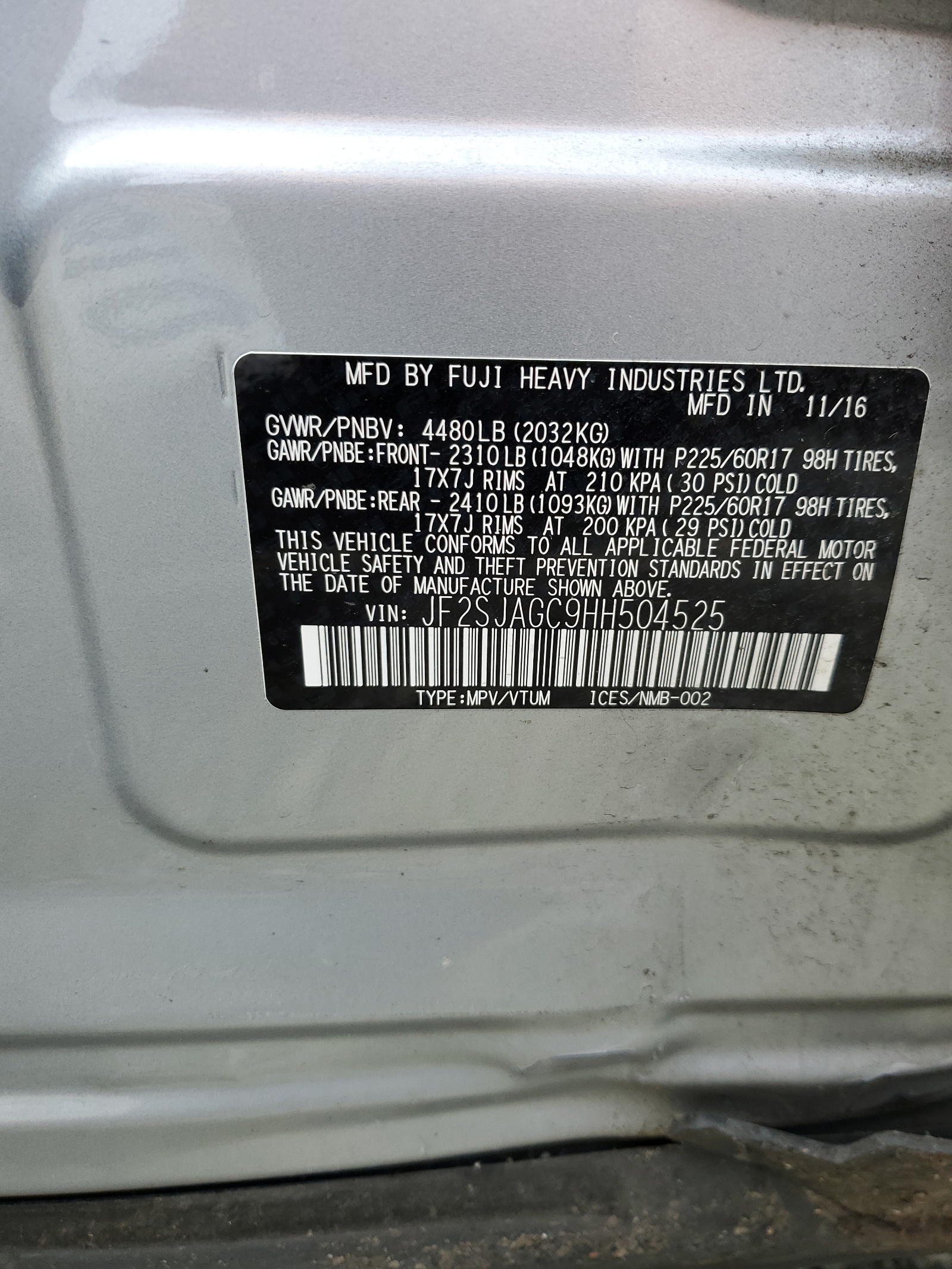 JF2SJAGC9HH504525 2017 Subaru Forester 2.5I Premium