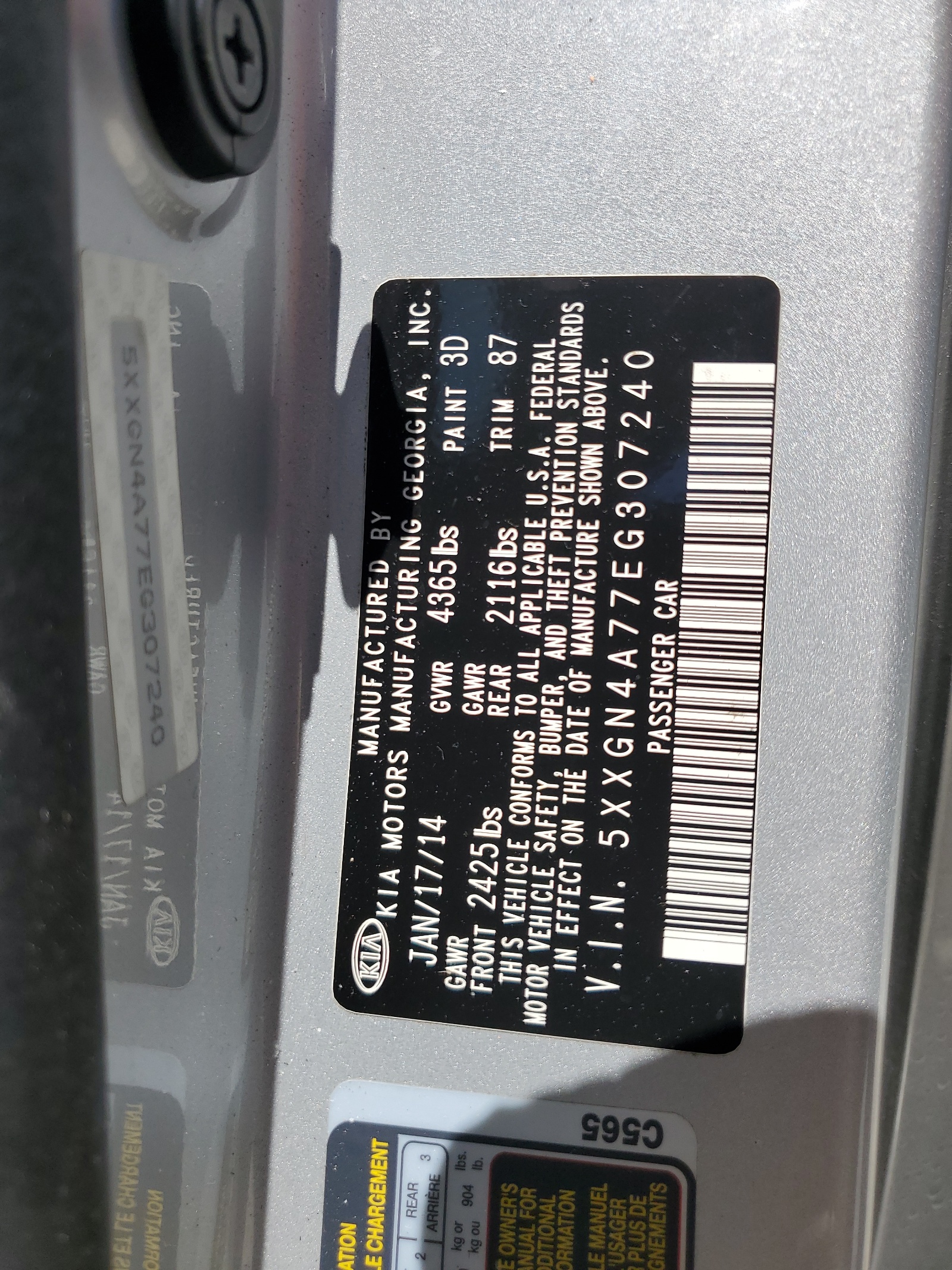 5XXGN4A77EG307240 2014 Kia Optima Ex