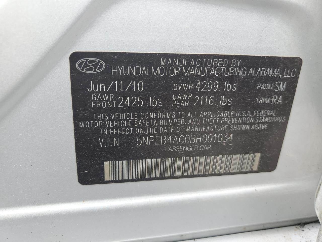 5NPEB4AC0BH091034 2011 Hyundai Sonata Gls