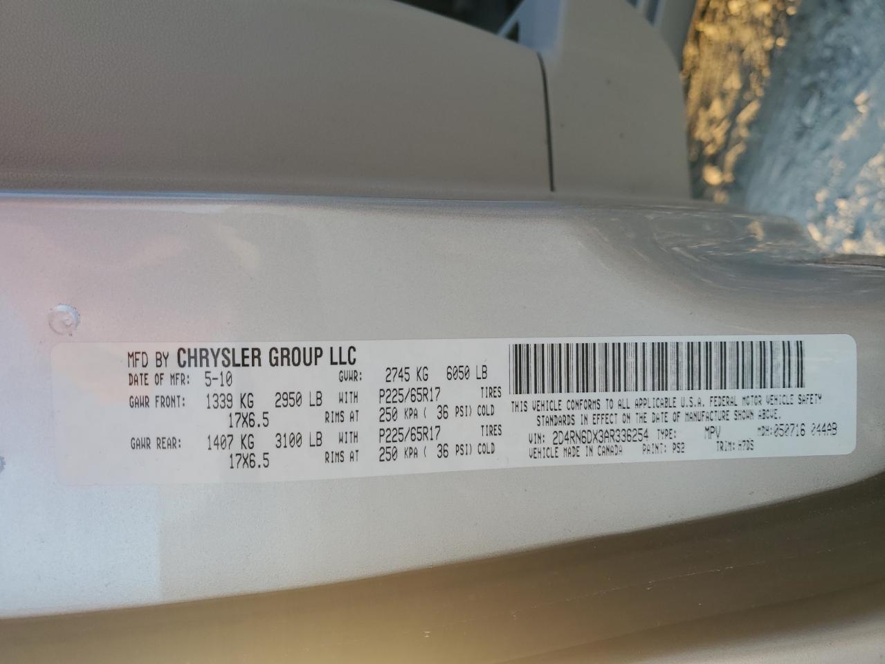 2010 Dodge Grand Caravan Crew VIN: 2D4RN6DX3AR336254 Lot: 60779544