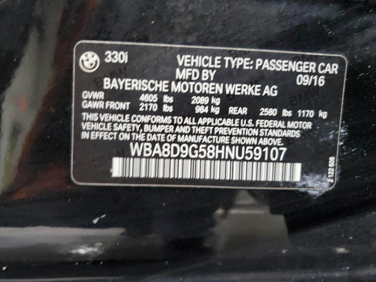 2017 BMW 330 Xi VIN: WBA8D9G58HNU59107 Lot: 60220174