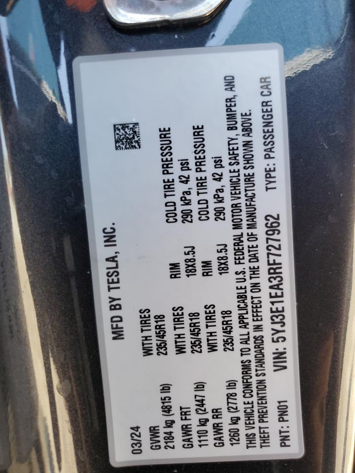 5YJ3E1EA3RF727962 2024 Tesla Model 3