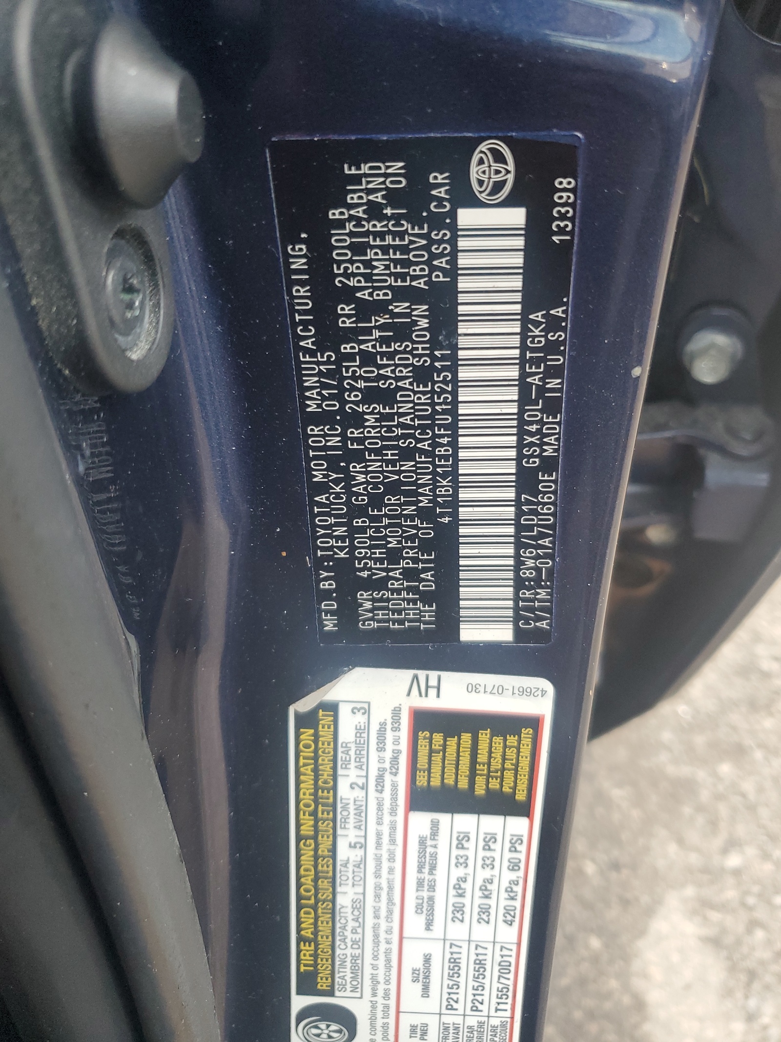 4T1BK1EB4FU152511 2015 Toyota Avalon Xle