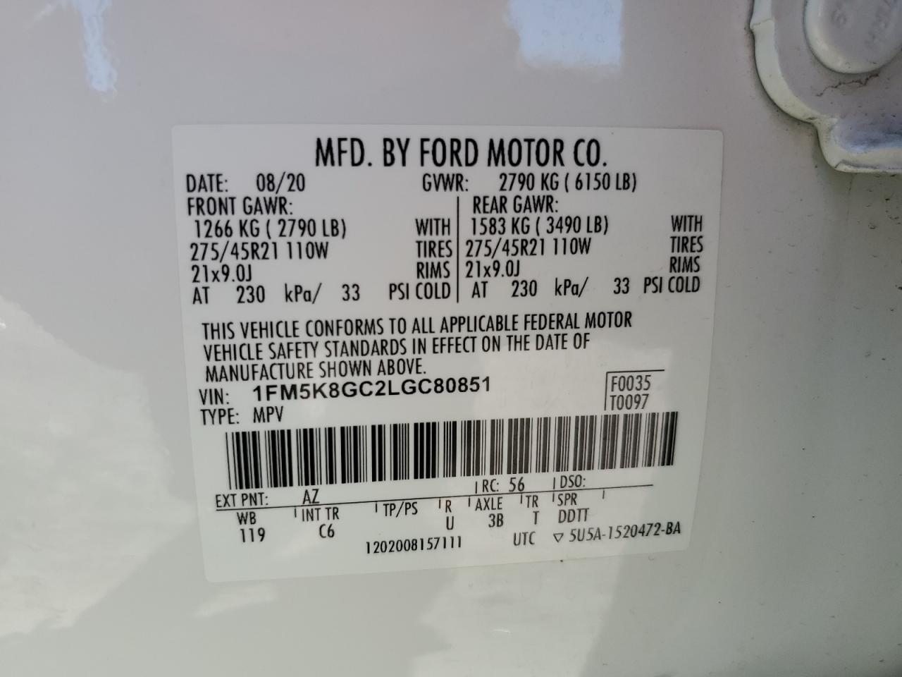 2020 Ford Explorer St VIN: 1FM5K8GC2LGC80851 Lot: 60463744