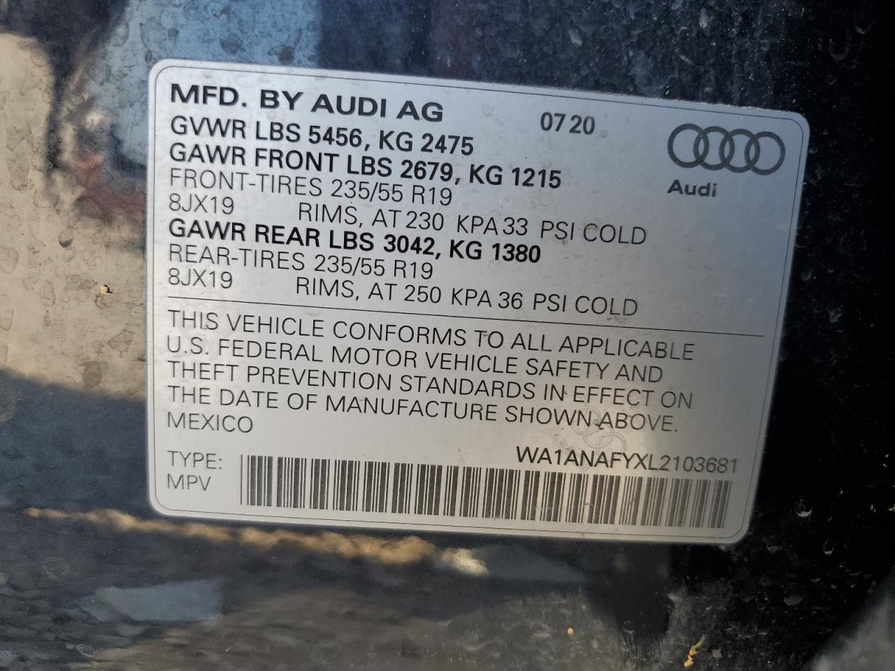 2020 Audi Q5 Premium VIN: WA1ANAFYXL2103681 Lot: 57775144