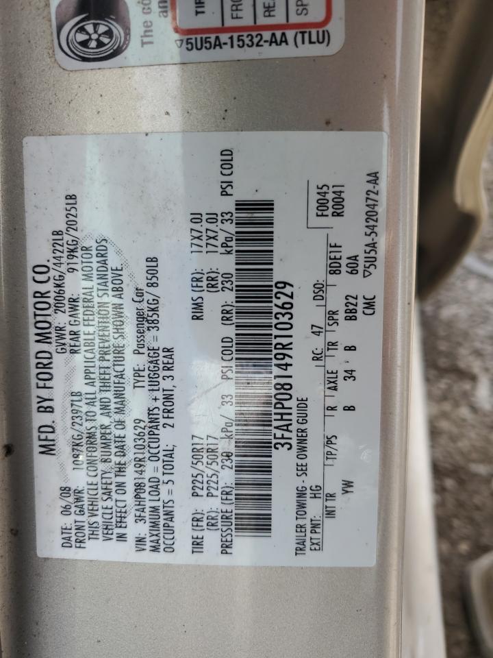 2009 Ford Fusion Sel VIN: 3FAHP08149R103629 Lot: 60713394