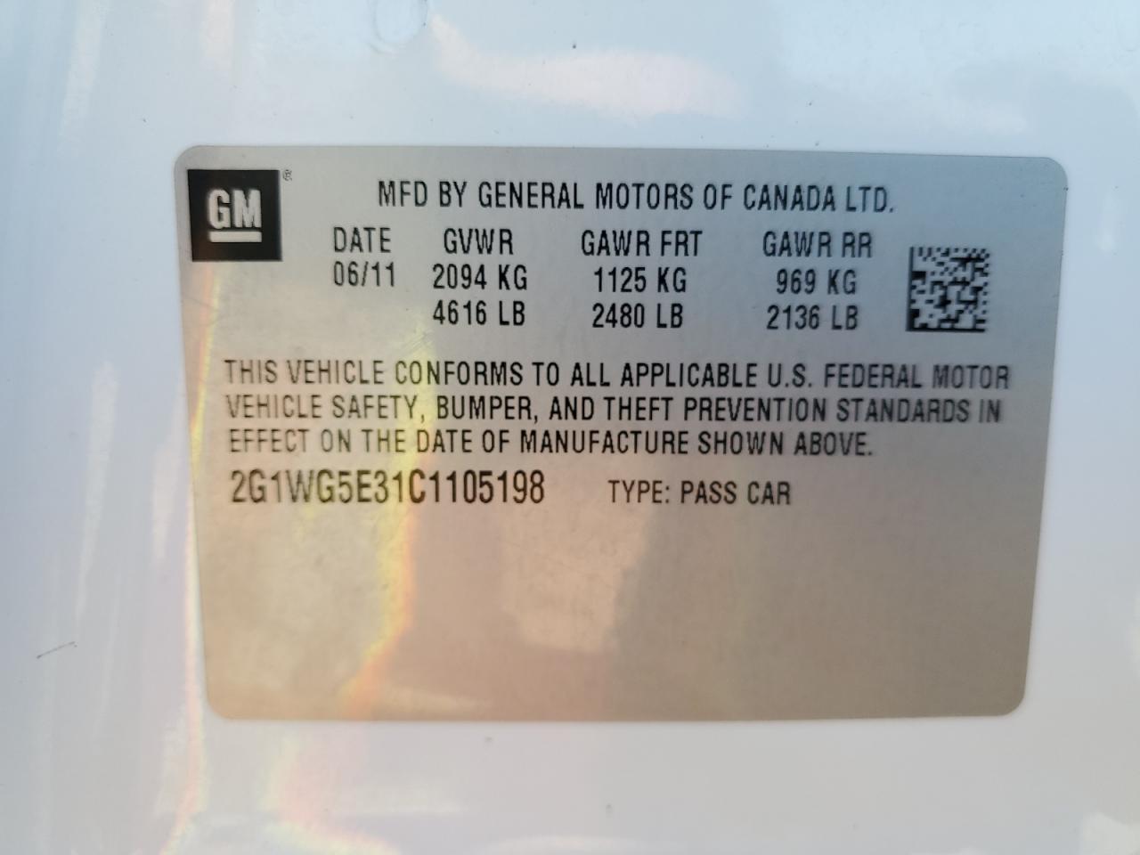 2012 Chevrolet Impala Lt VIN: 2G1WG5E31C1105198 Lot: 58896064