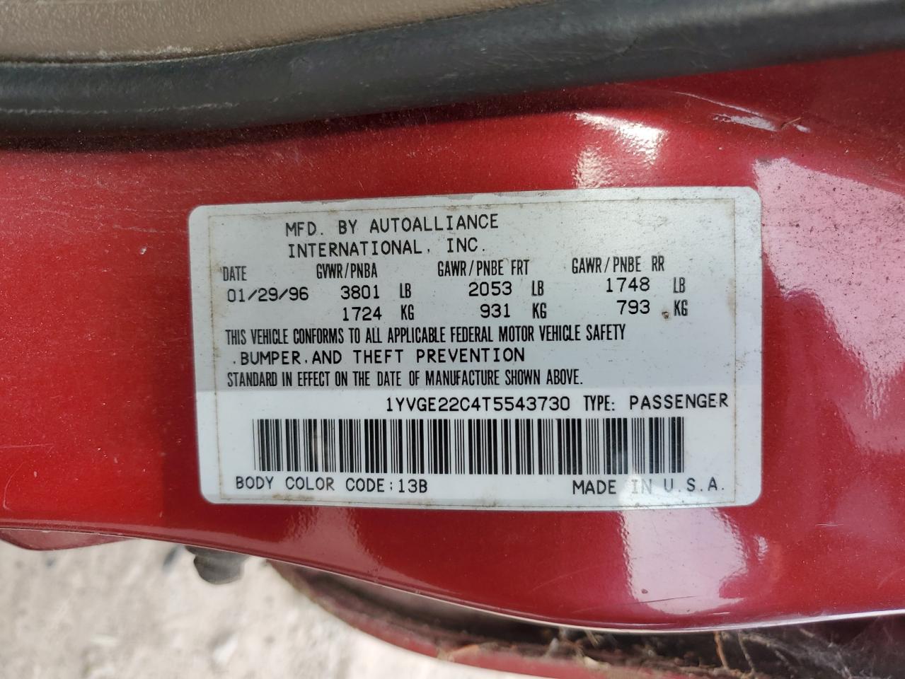 1996 Mazda 626 Dx VIN: 1YVGE22C4T5543730 Lot: 59574564