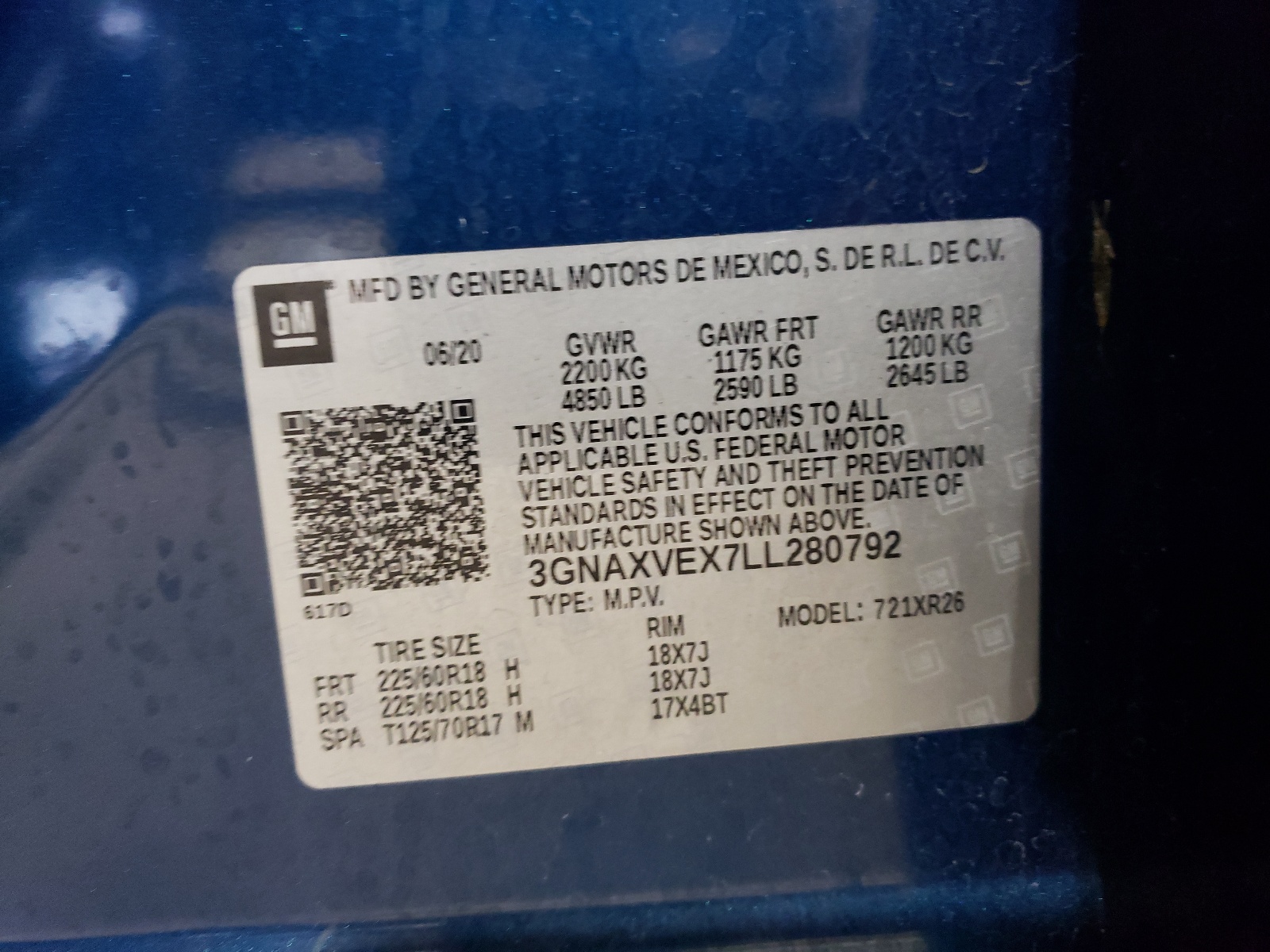 3GNAXVEX7LL280792 2020 Chevrolet Equinox Lt