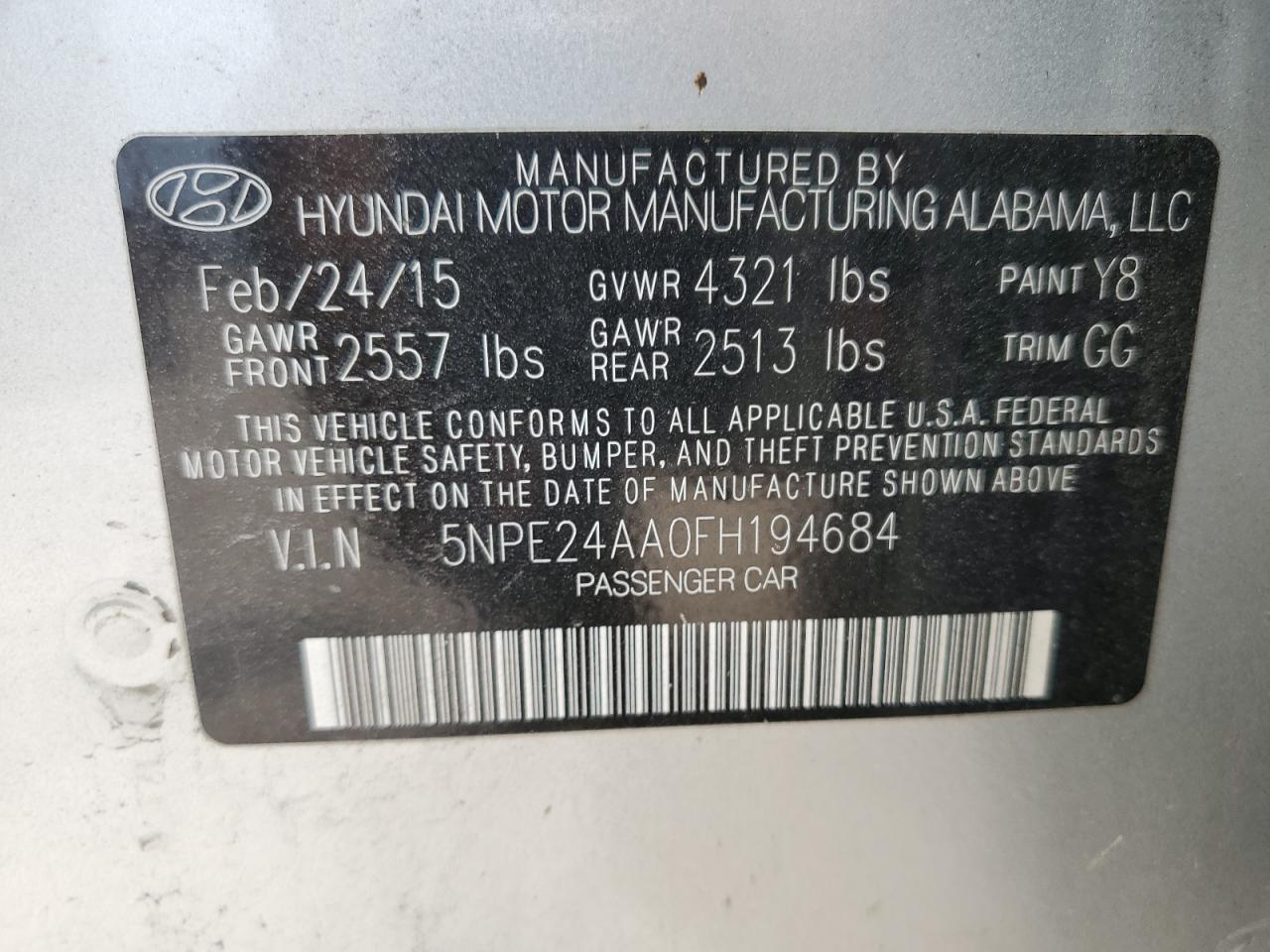 5NPE24AA0FH194684 2015 Hyundai Sonata Eco