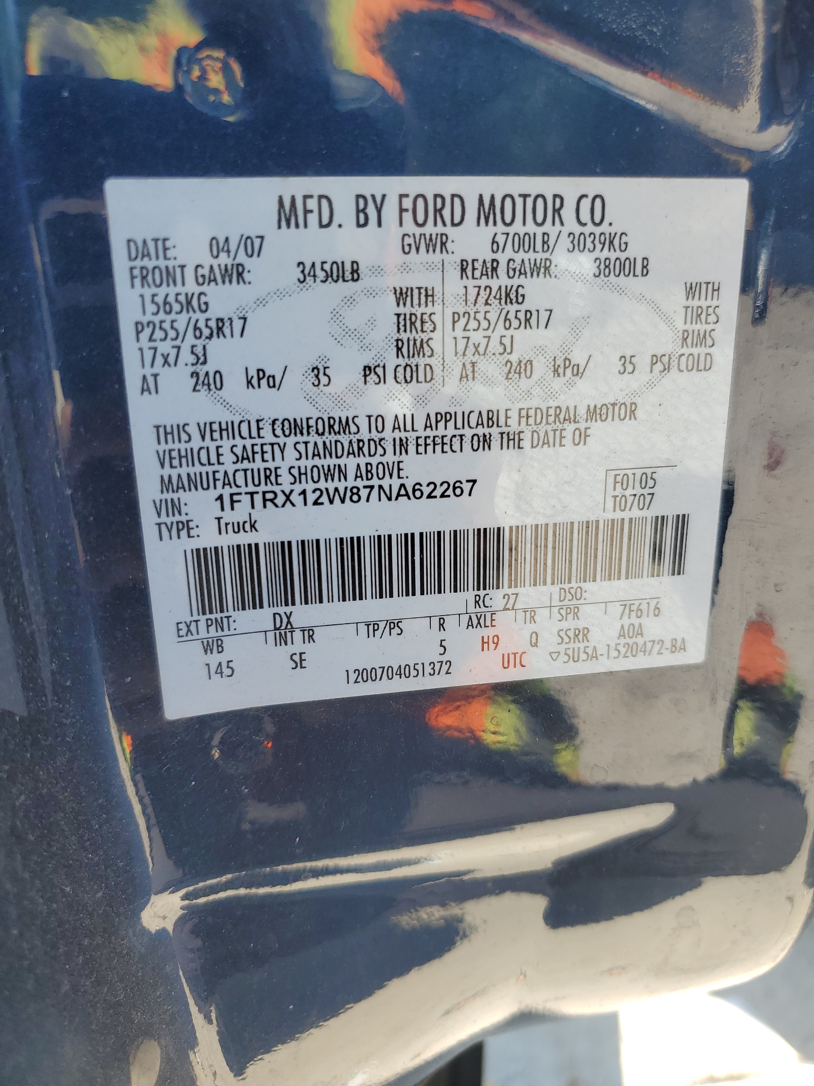 1FTRX12W87NA62267 2007 Ford F150