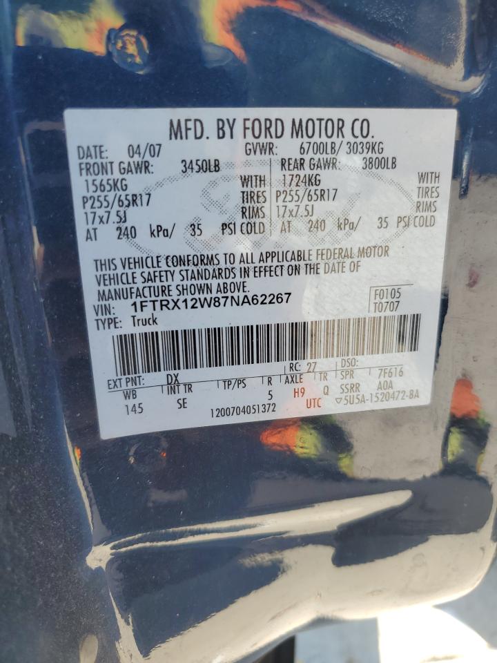 2007 Ford F150 VIN: 1FTRX12W87NA62267 Lot: 59458044