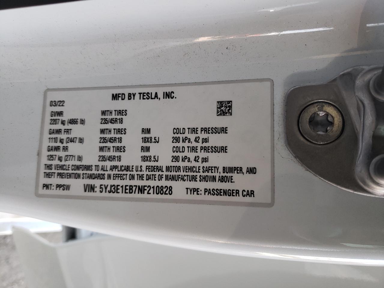 5YJ3E1EB7NF210828 2022 Tesla Model 3