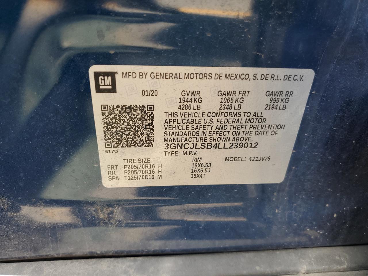 2020 Chevrolet Trax 1Lt VIN: 3GNCJLSB4LL239012 Lot: 58684054