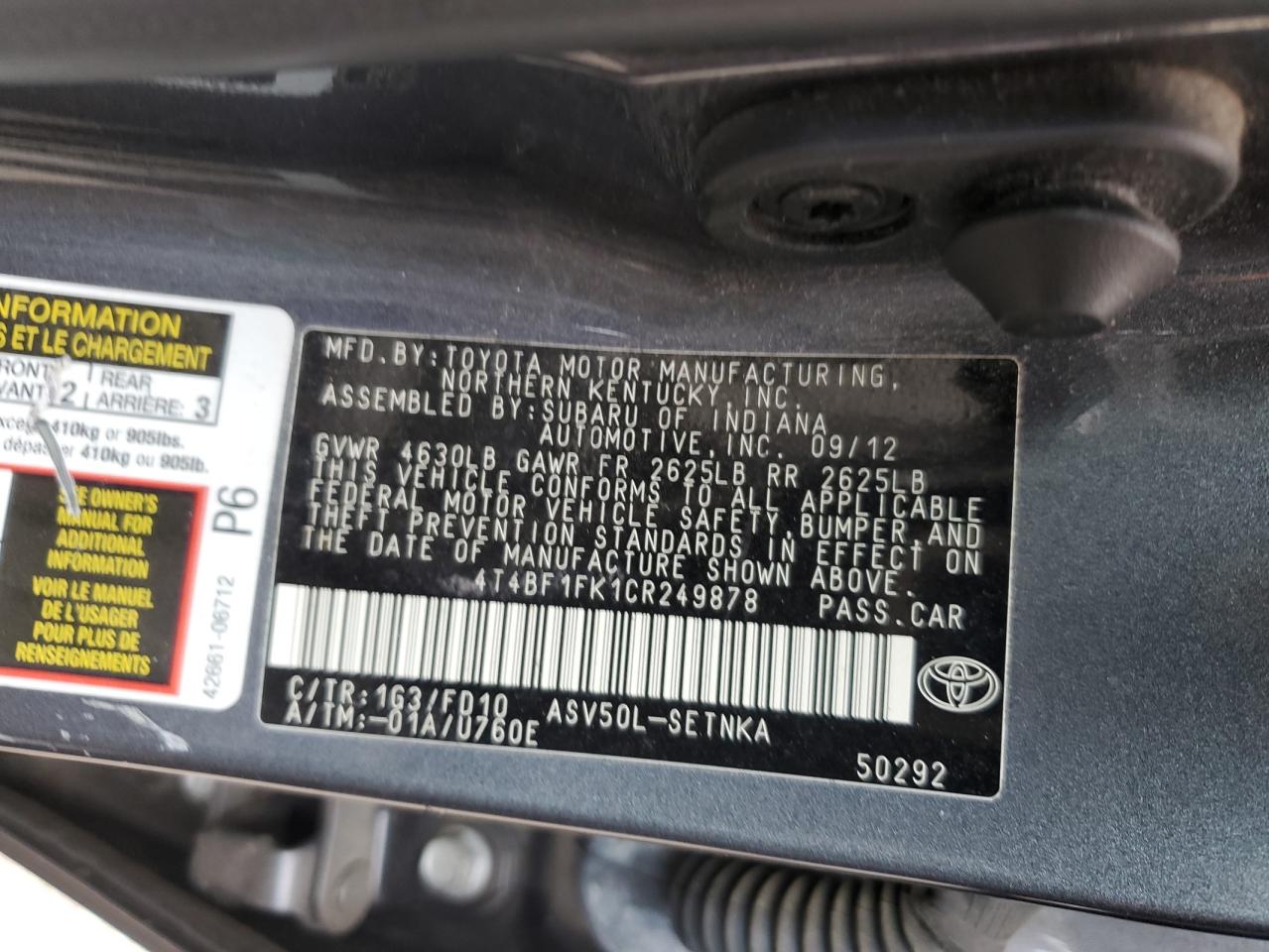 4T4BF1FK1CR249878 2012 Toyota Camry Base