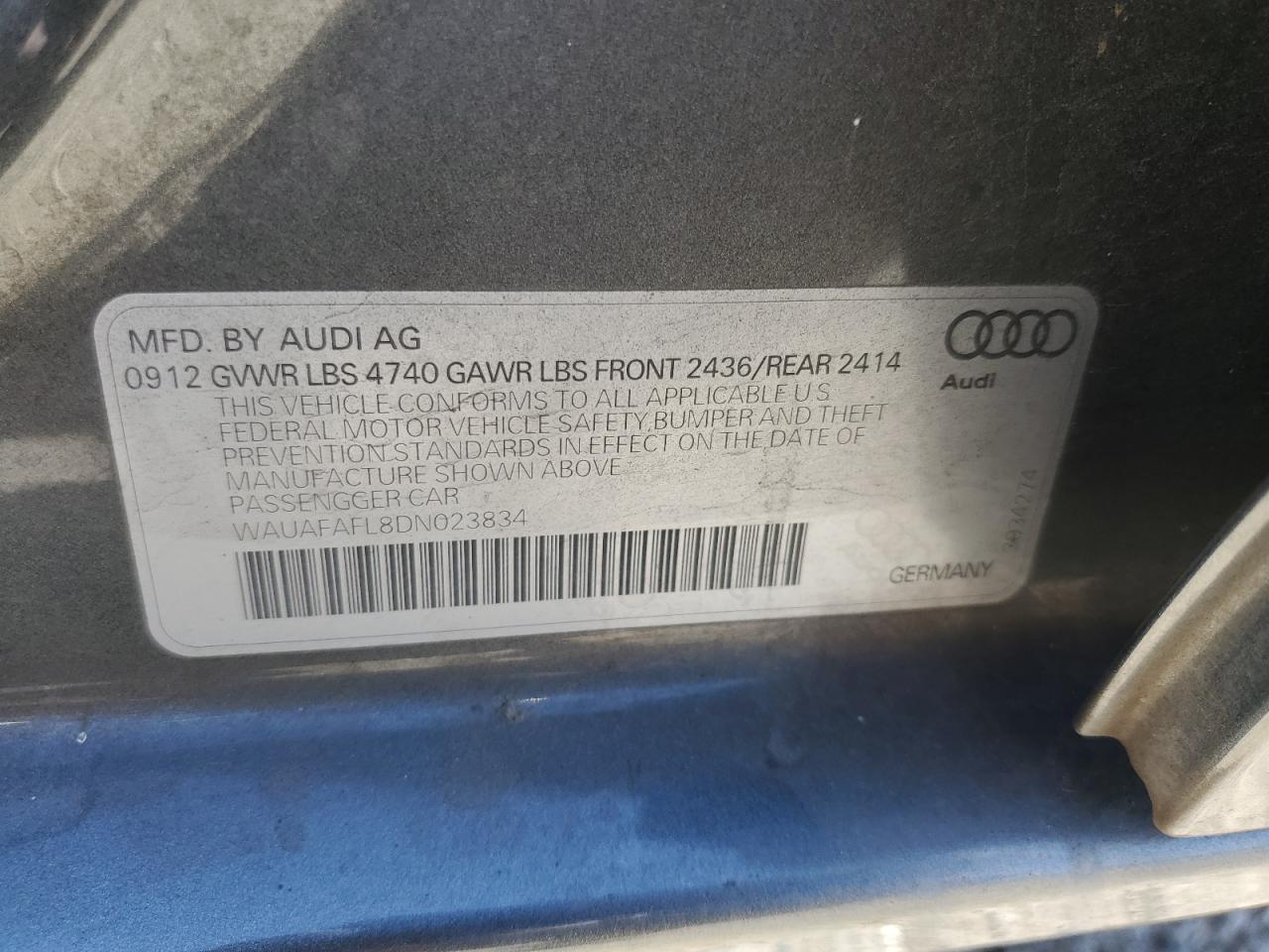 2013 Audi A4 Premium VIN: WAUAFAFL8DN023834 Lot: 60979164