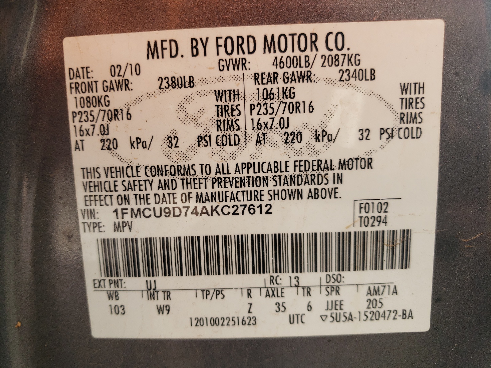 1FMCU9D74AKC27612 2010 Ford Escape Xlt