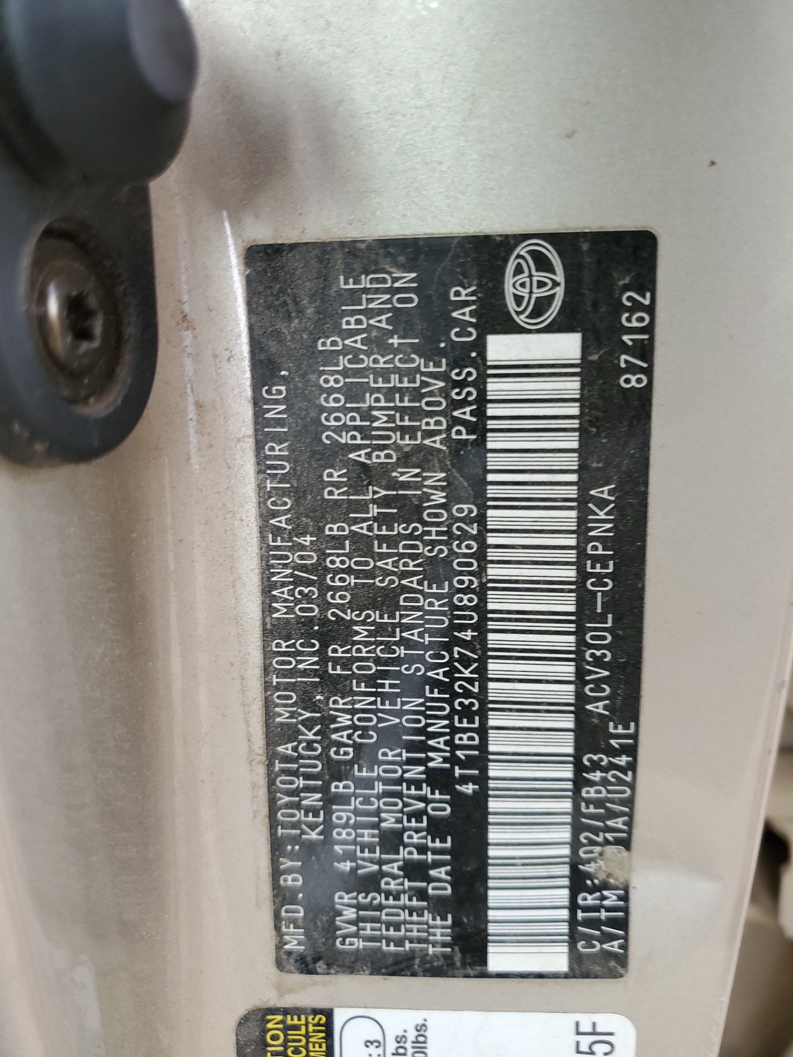 4T1BE32K74U890629 2004 Toyota Camry Le