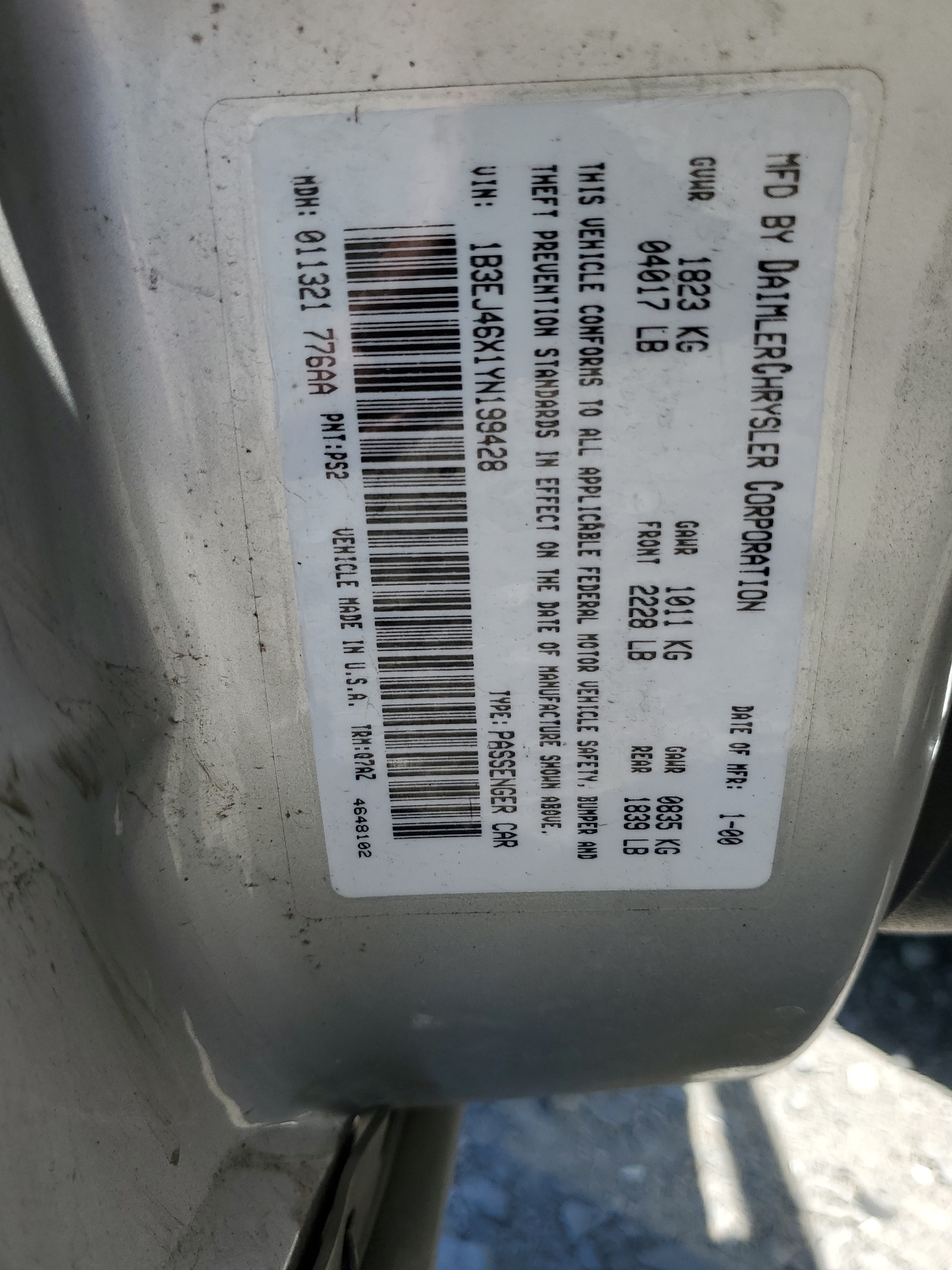 1B3EJ46X1YN199428 2000 Dodge Stratus Se