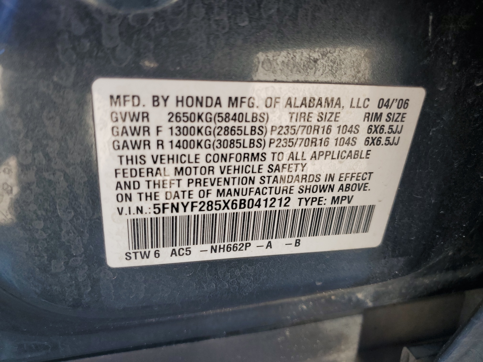 5FNYF285X6B041212 2006 Honda Pilot Ex