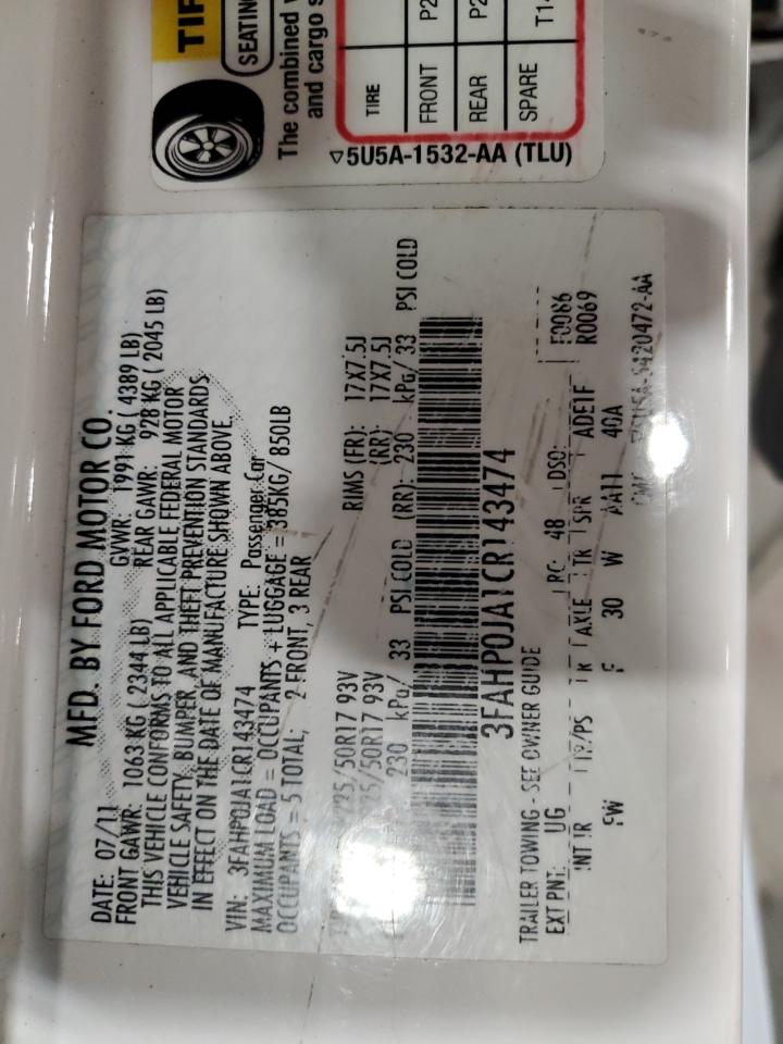 2012 Ford Fusion Sel VIN: 3FAHP0JA1CR143474 Lot: 58109044