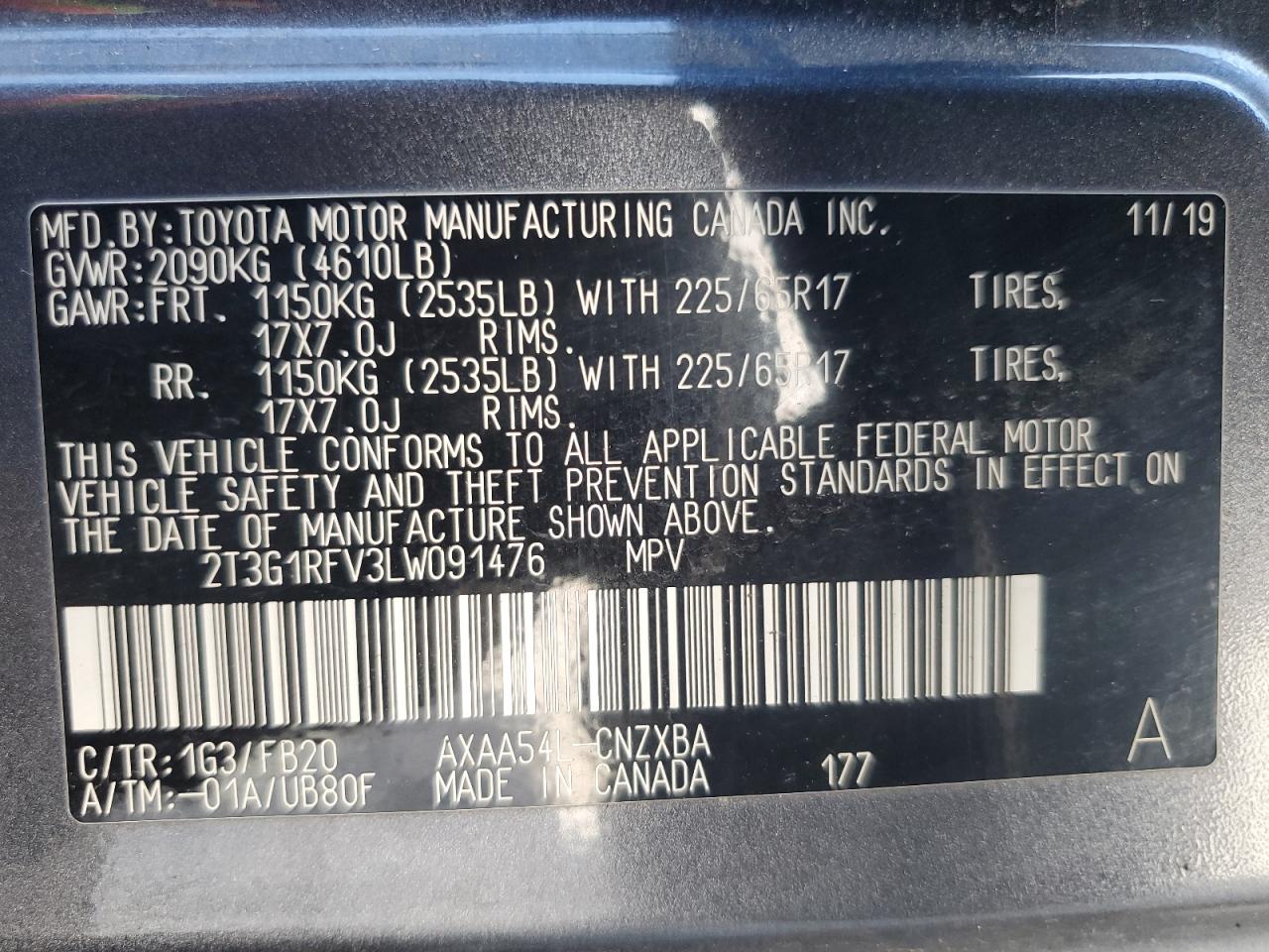 2020 Toyota Rav4 Le VIN: 2T3G1RFV3LW091476 Lot: 59477404