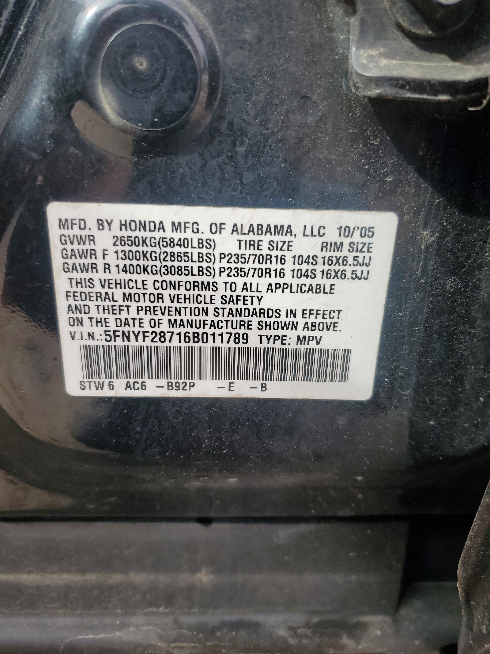 5FNYF28716B011789 2006 Honda Pilot Ex