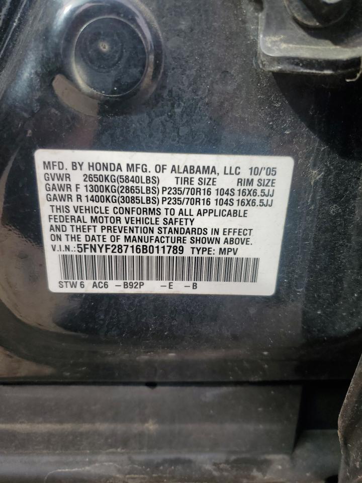 2006 Honda Pilot Ex VIN: 5FNYF28716B011789 Lot: 60891834