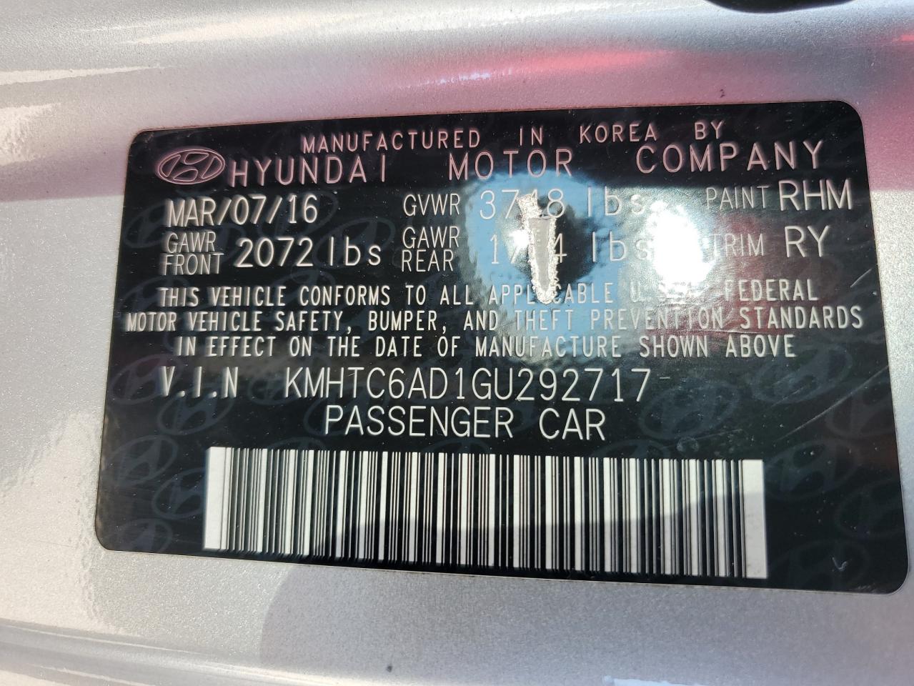 2016 Hyundai Veloster VIN: KMHTC6AD1GU292717 Lot: 59350664