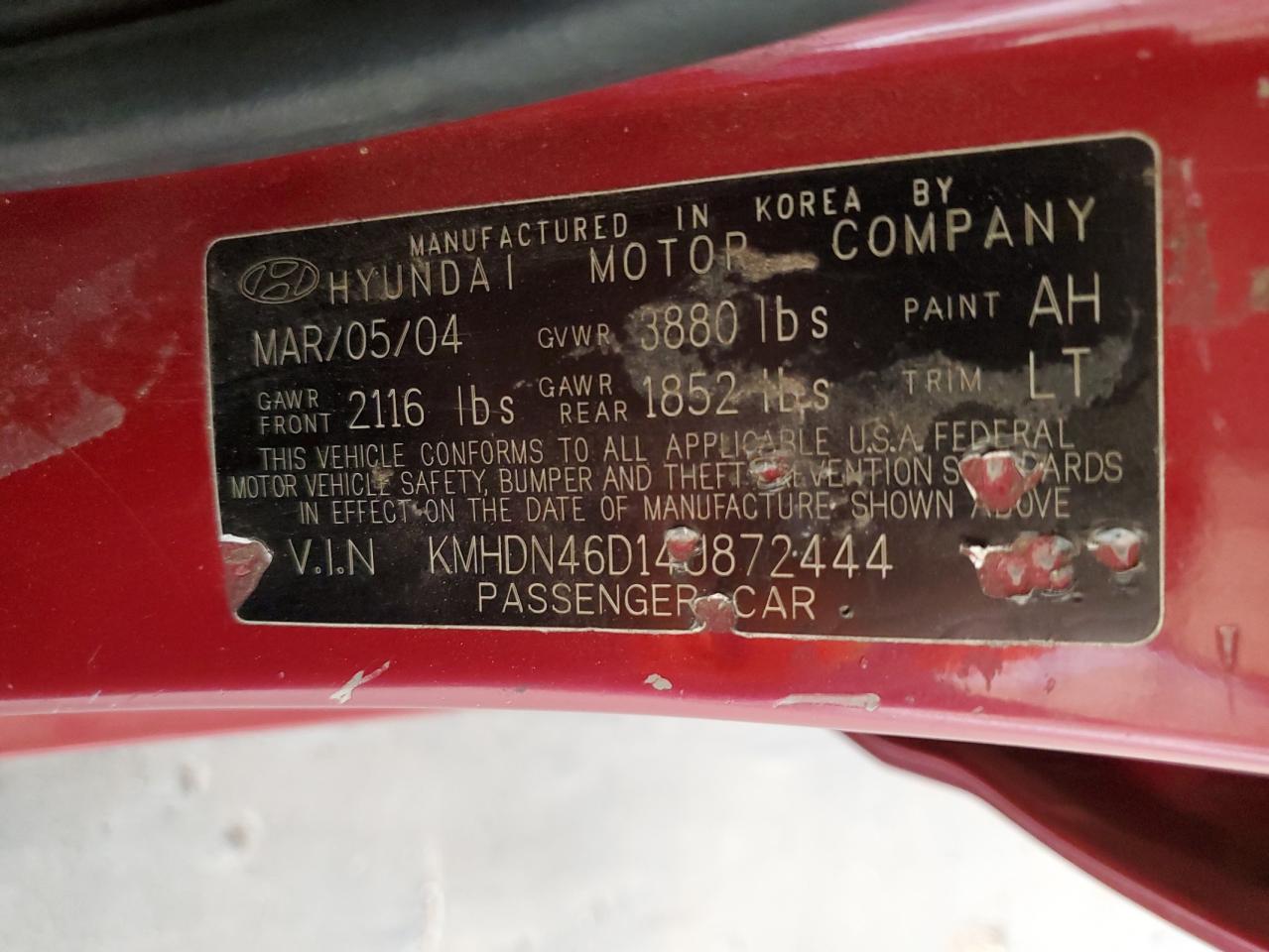 2004 Hyundai Elantra Gls VIN: KMHDN46D14U872444 Lot: 59482184